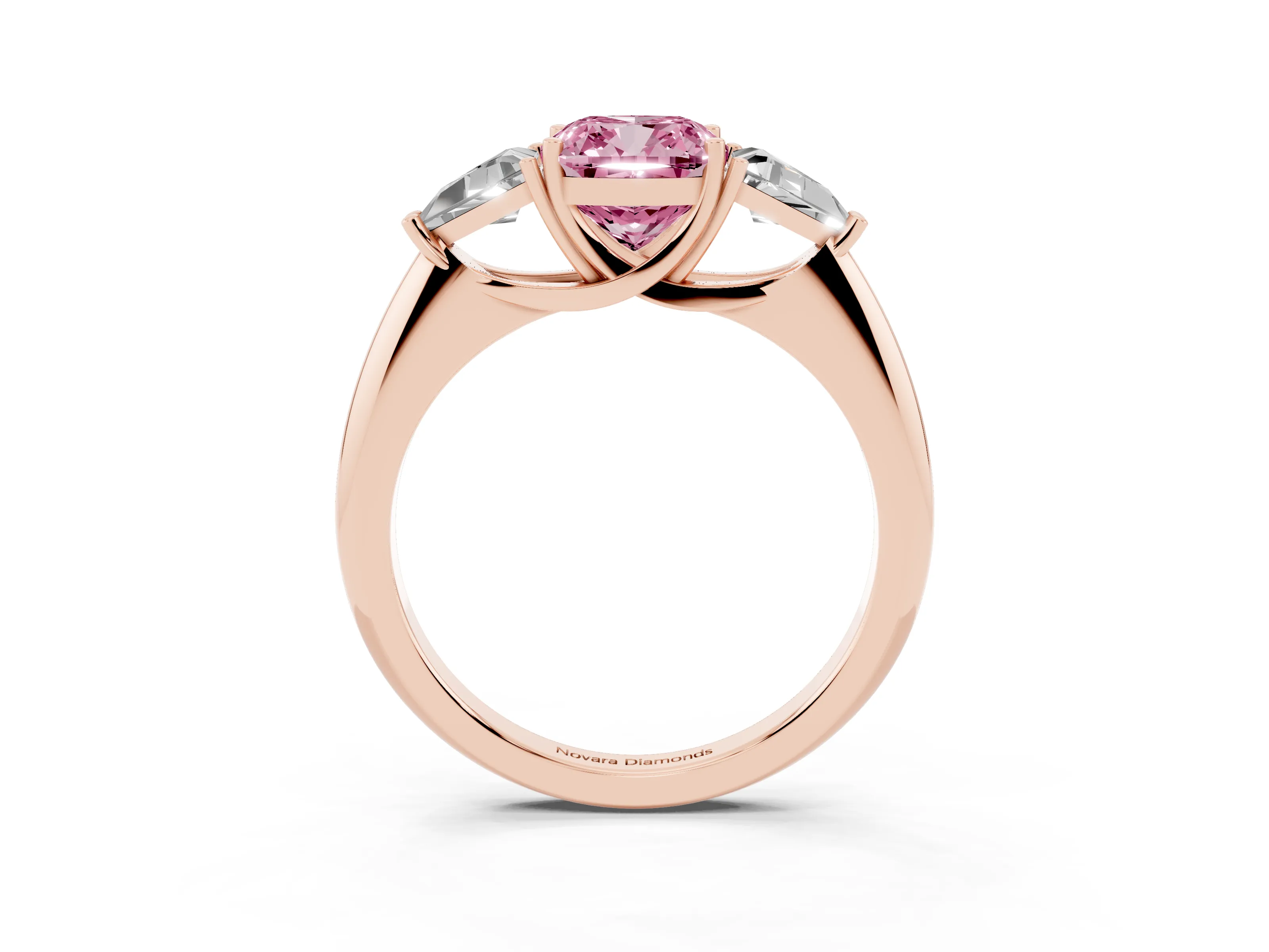 Fancy Pink Cushion Cut Diamond Three-Stone Engagement Ring Set in Rose gold with Trillion Side Stones