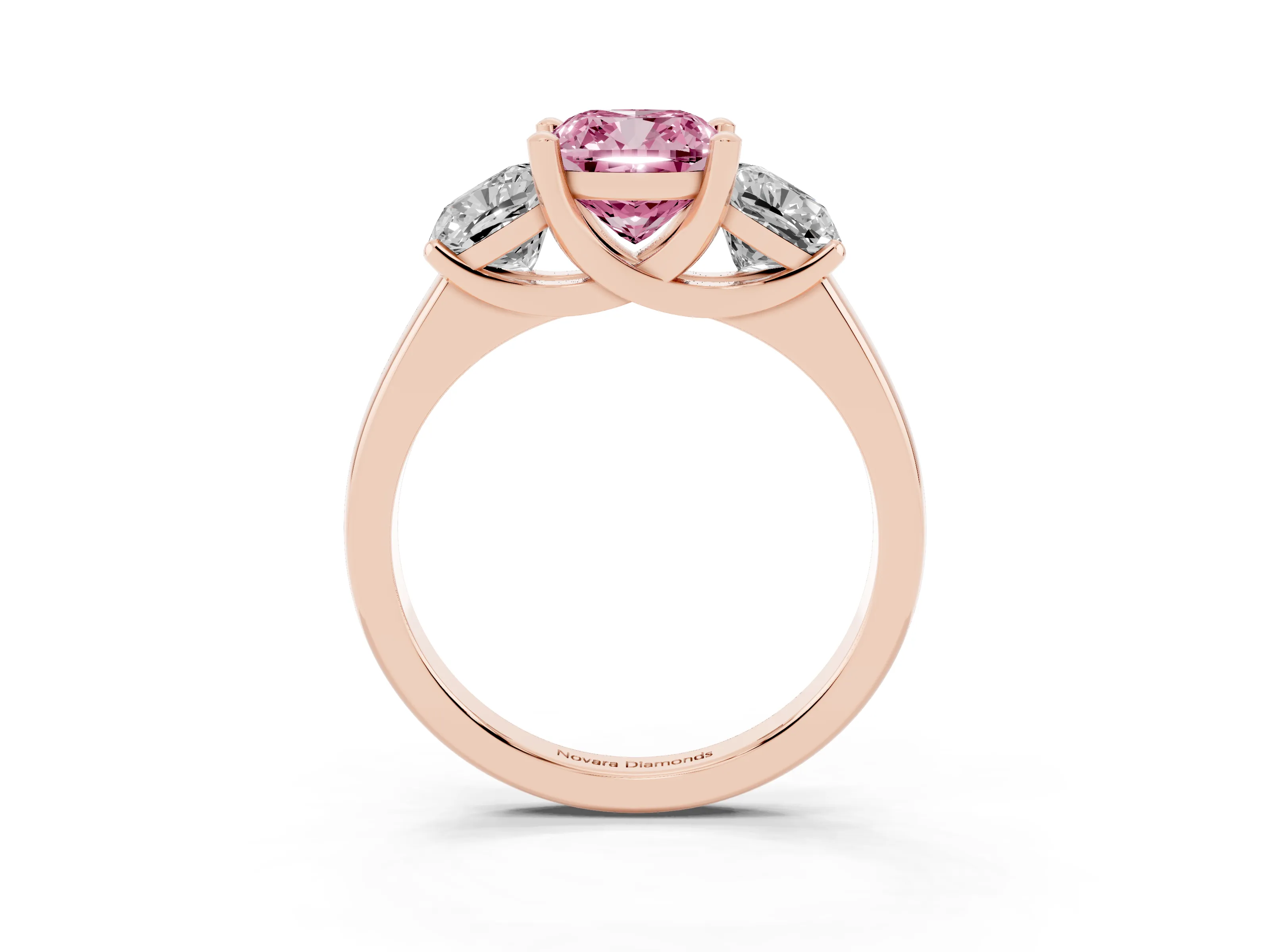 Fancy Pink Cushion Cut Diamond Three-Stone Ring Set in Rose gold with Classic Prong Setting and Plain Band