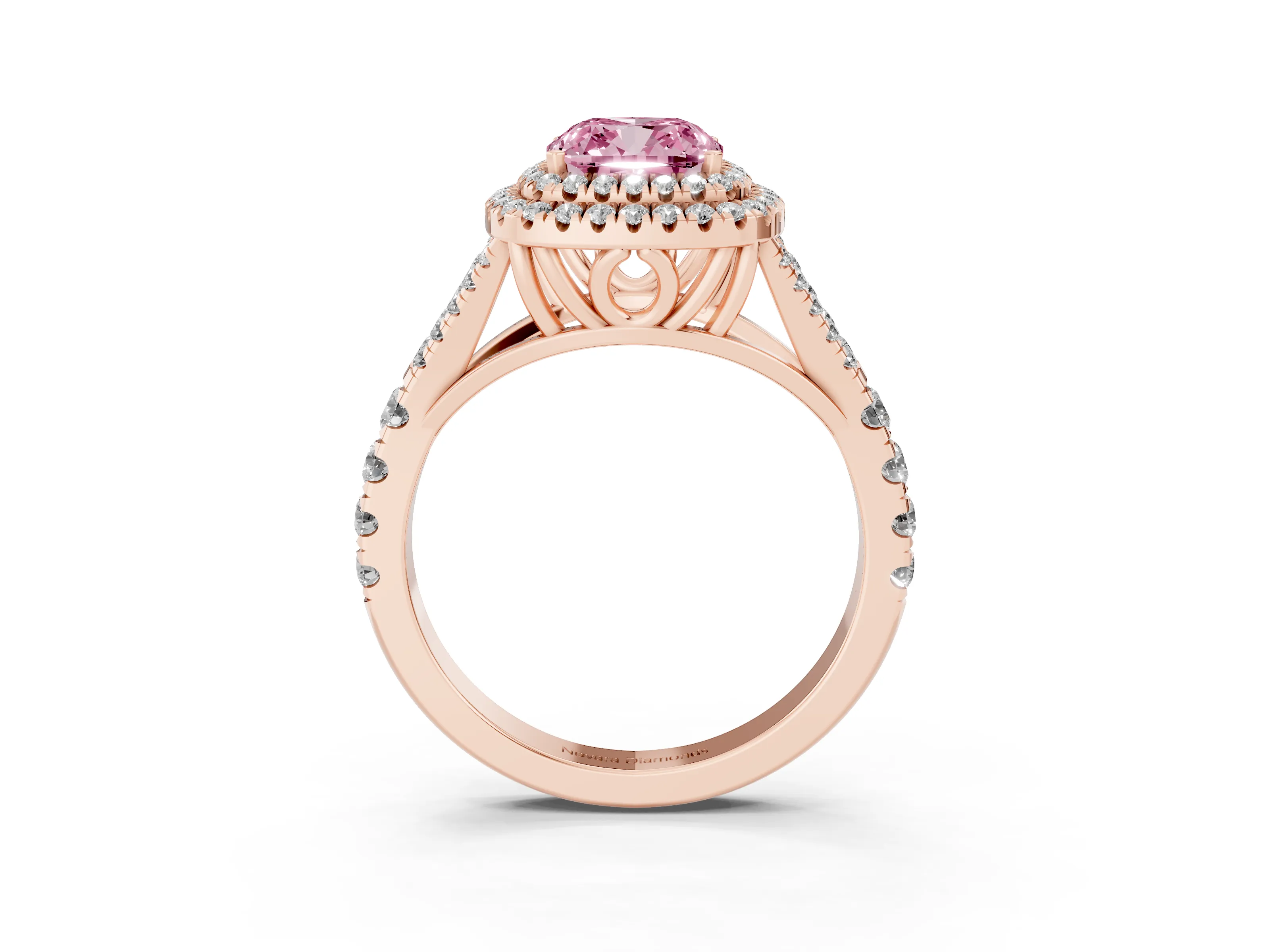 Fancy Pink Cushion Cut Diamond Pavé Split Shank Double Halo Engagement Ring Set in Rose gold