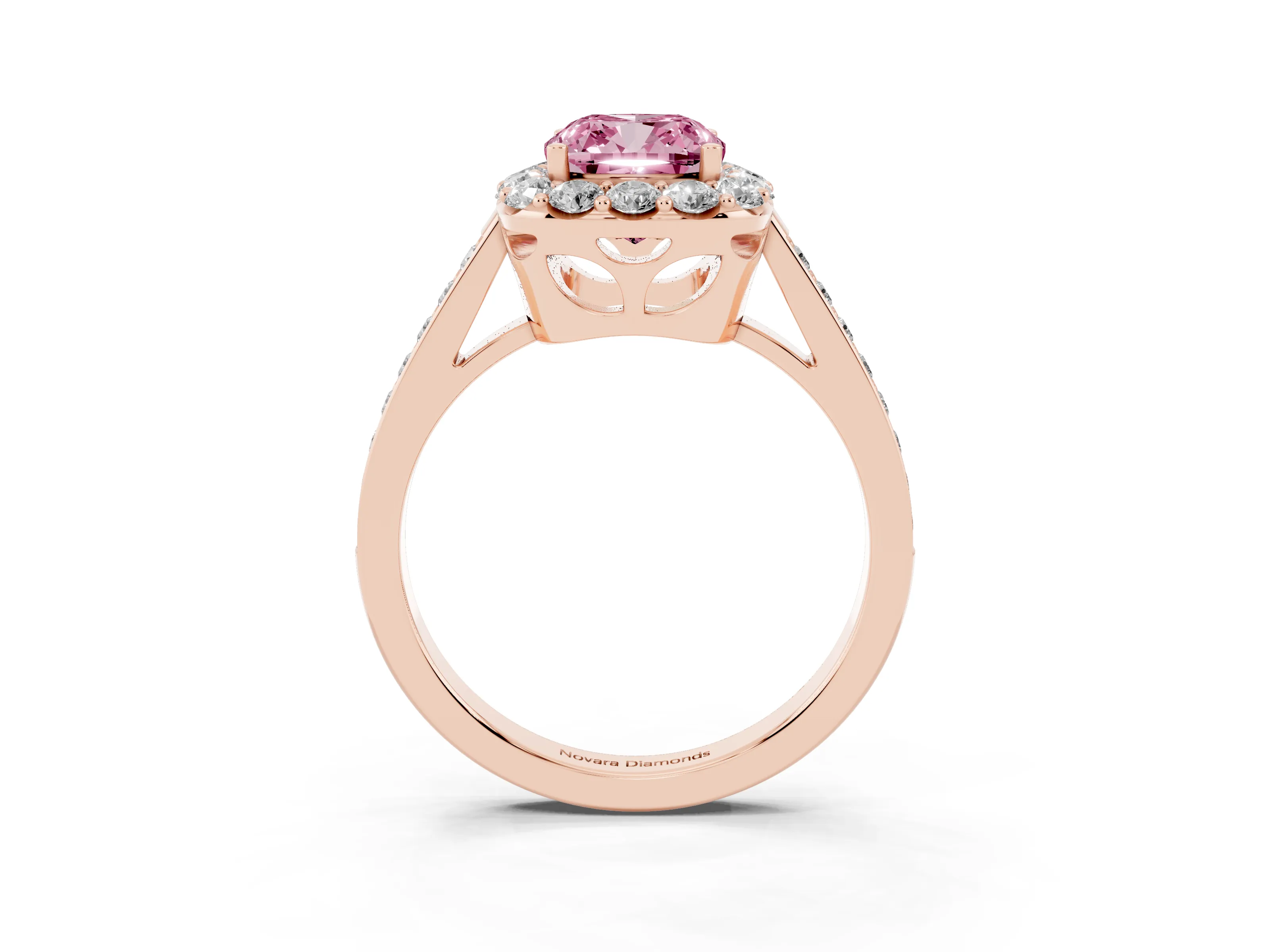 Fancy Pink Cushion Cut Diamond Floral Halo Ring Set in Rose gold with Pavé Band and Prong Setting
