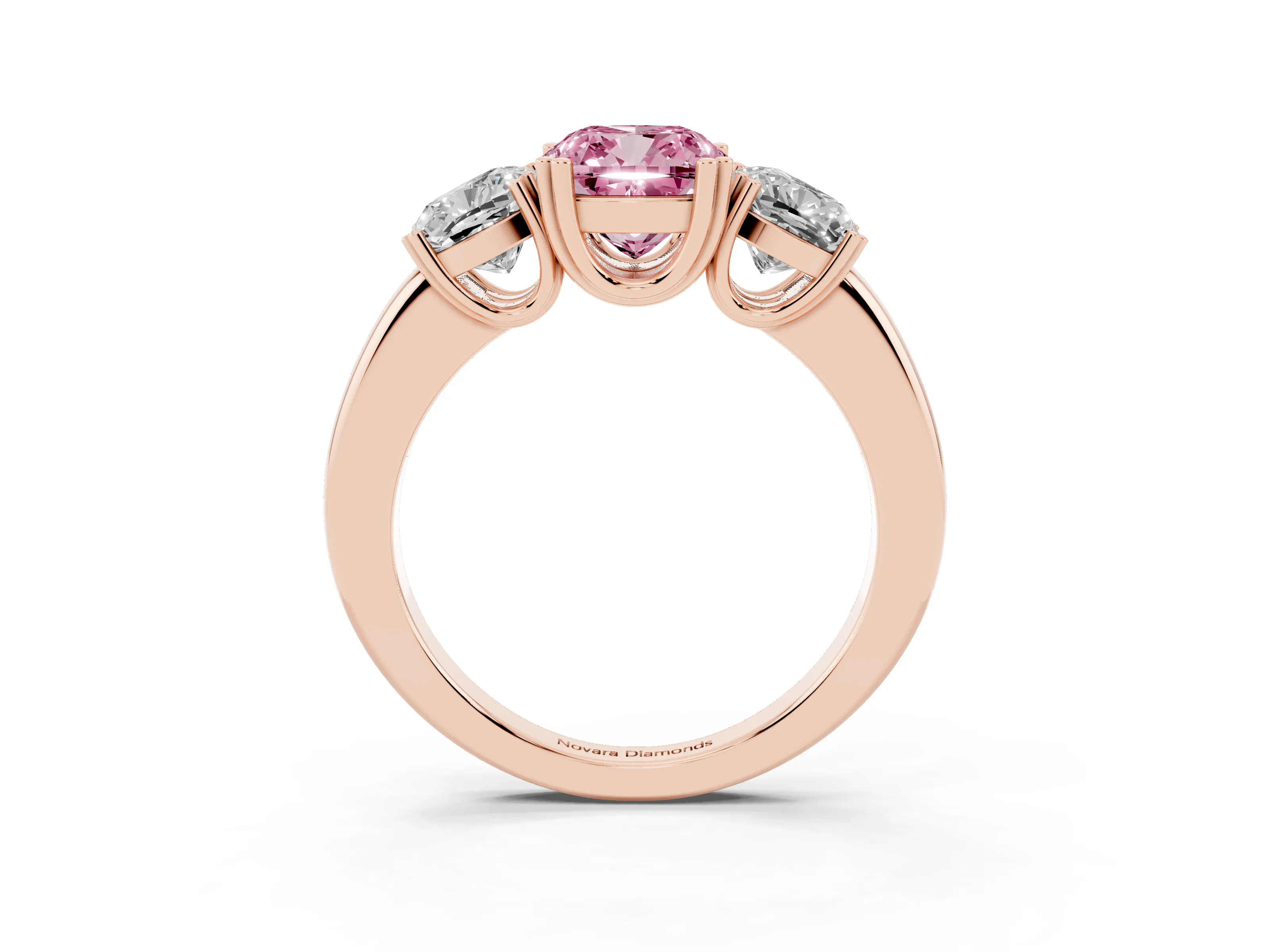 Fancy Pink Cushion Cut Diamond Three-Stone Ring Set in Rose gold with Polished Band and Prong Setting