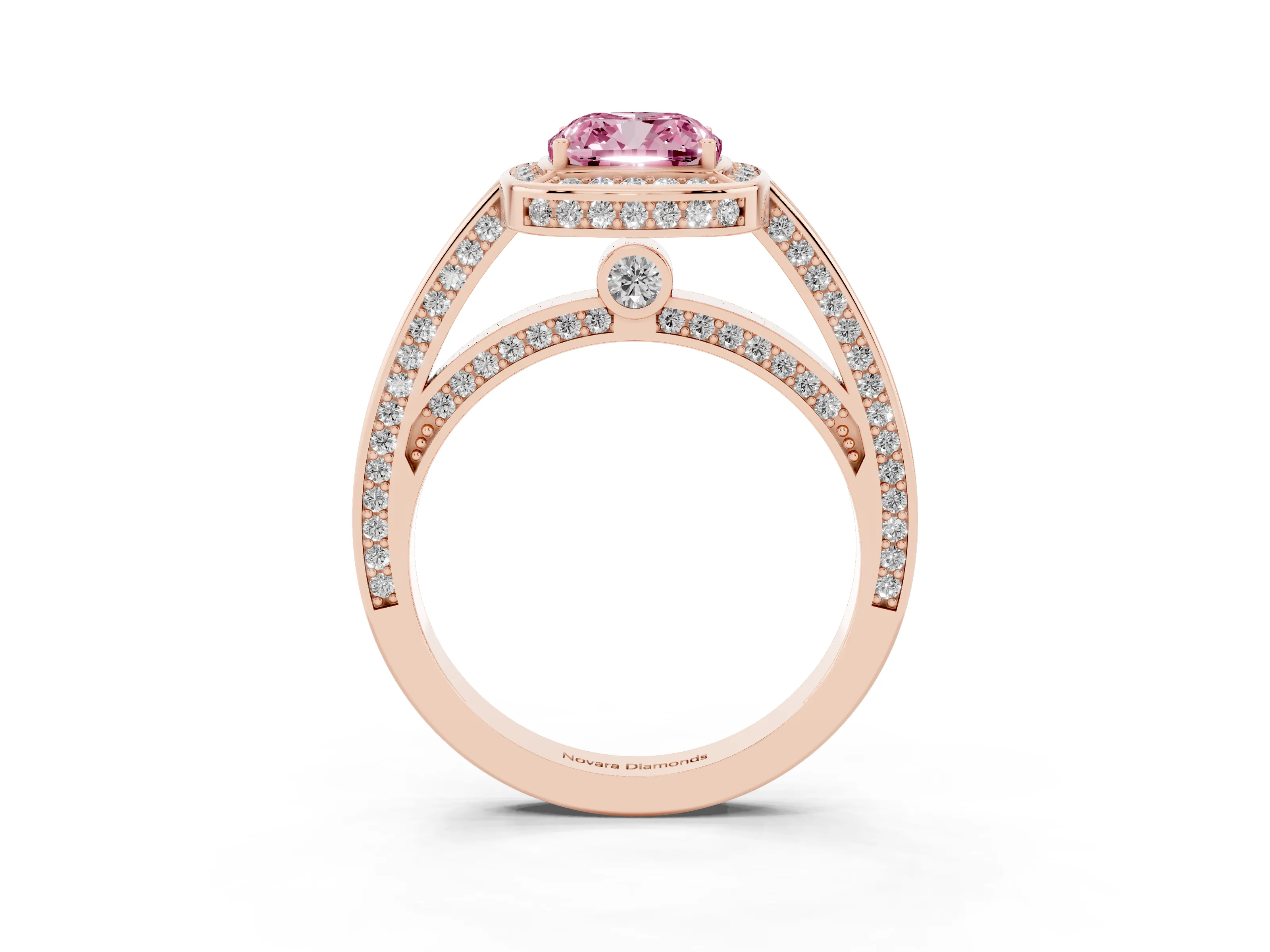 Fancy Pink Cushion Cut Diamond Halo Pavé Split Shank Ring Set in Rose gold with Prong Setting