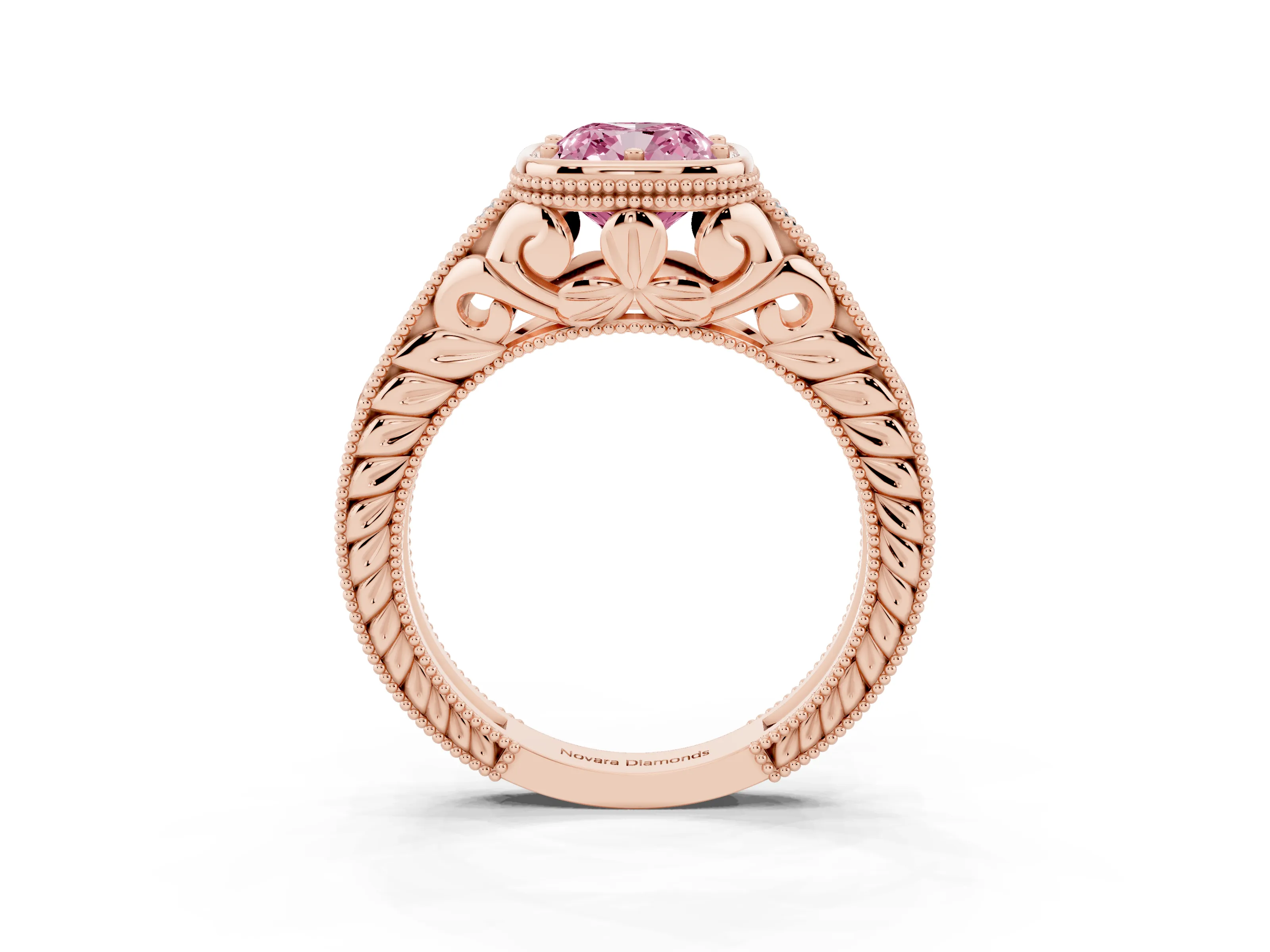 Fancy Pink Bezel Set Cushion Cut Diamond Milgrain Pavé Engagement Ring Set in Rose gold