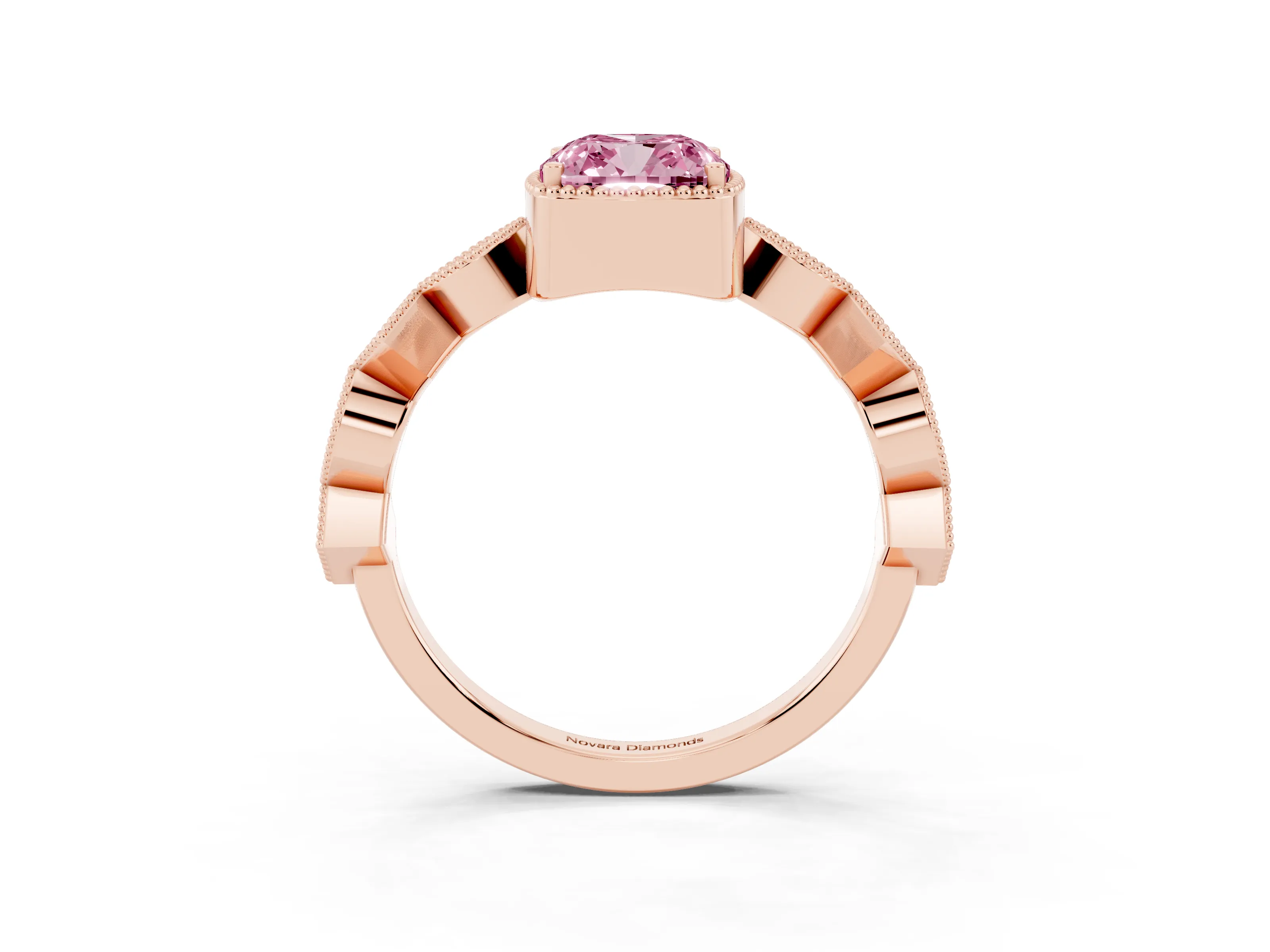 Fancy Pink Cushion Cut Diamond Milgrain Marquise Twist Band Ring Set in Rose gold with Prong Setting