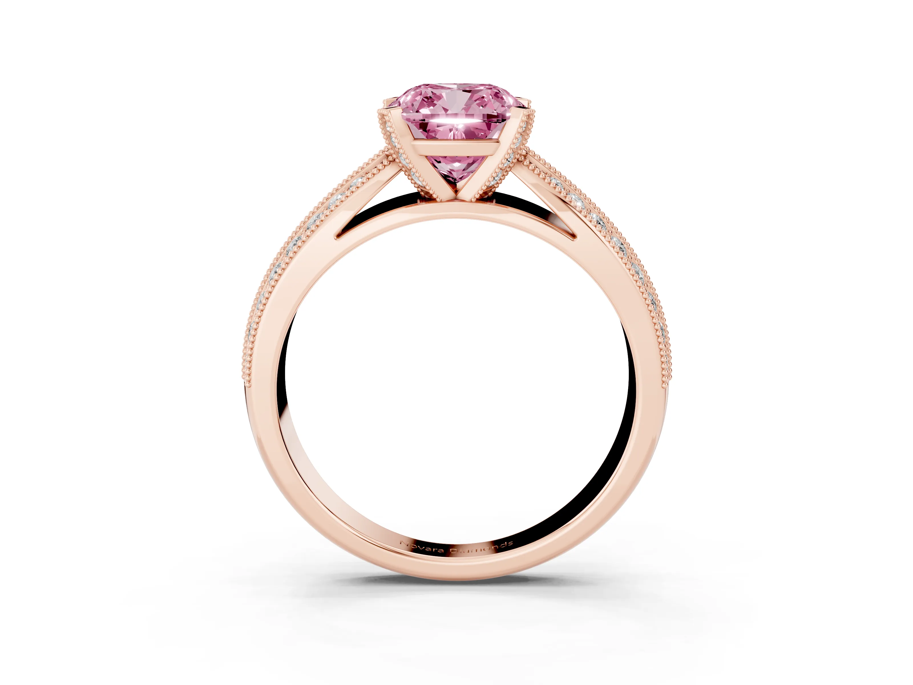 Fancy Pink Cushion Cut Diamond Solitaire Ring Set in Rose gold with Milgrain Double Row Round Pavé Band