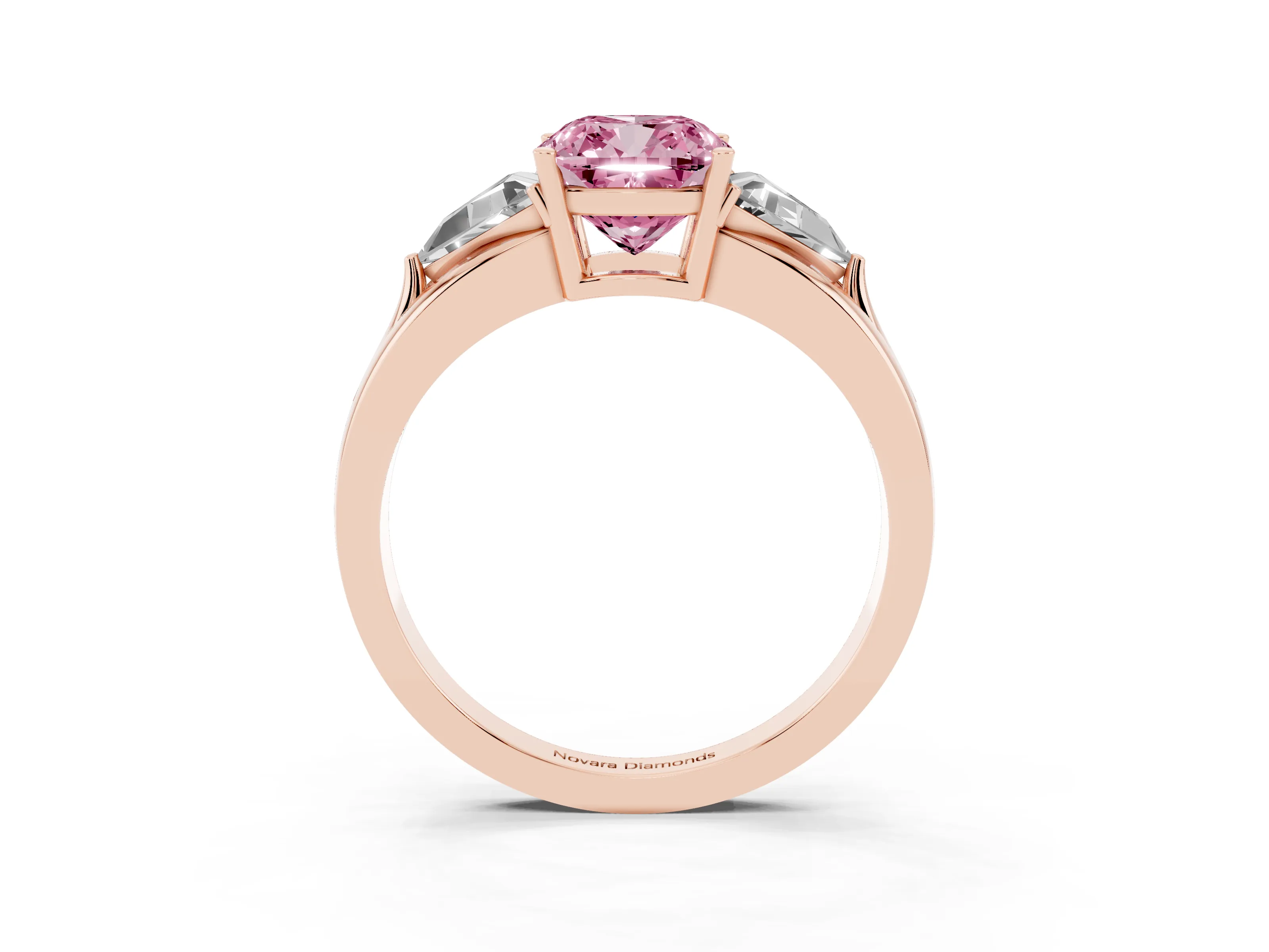 Fancy Pink Cushion Cut Diamond Three-Stone Ring Set in Rose gold with Trillion Side Stones and Split Shank
