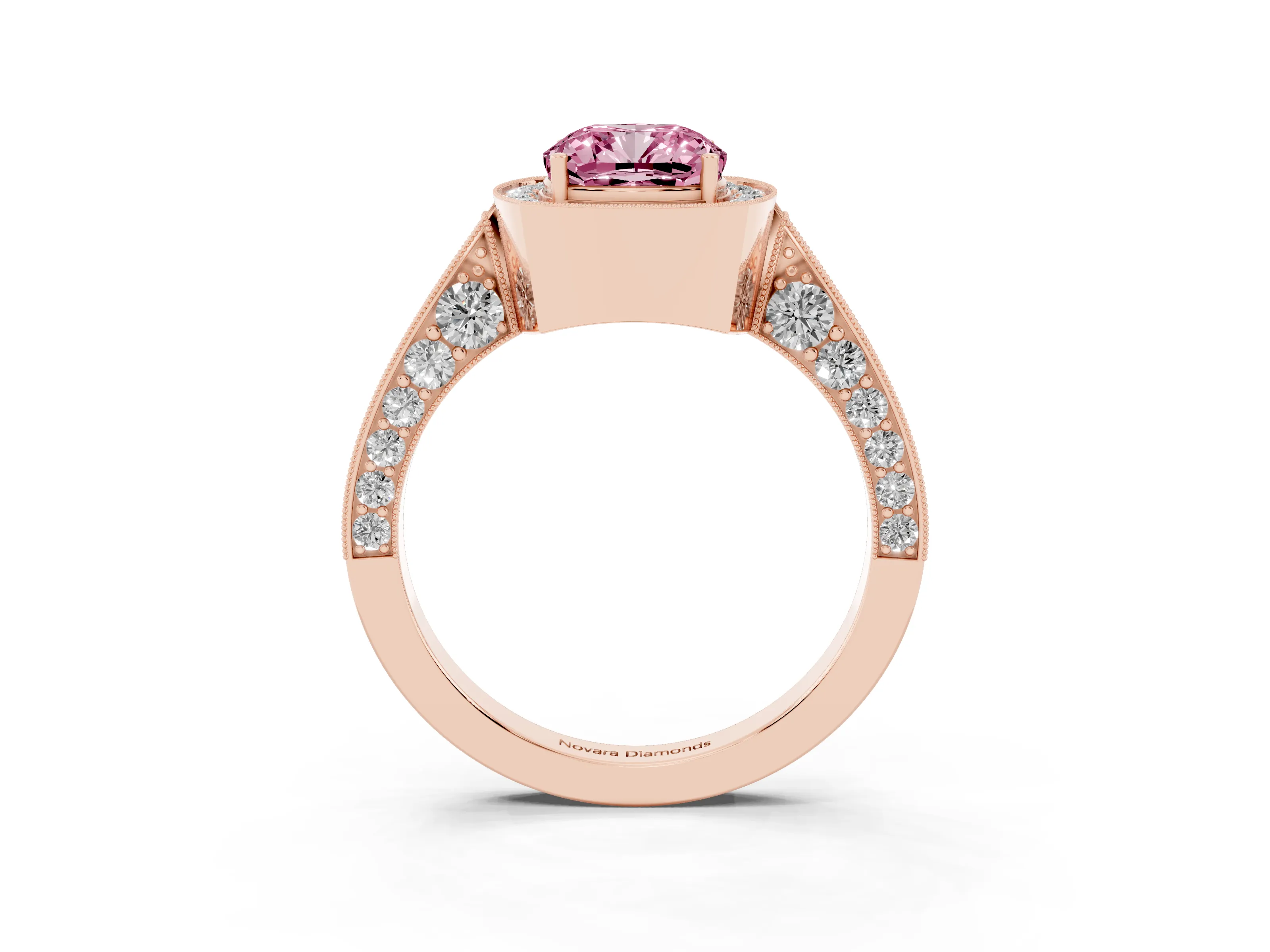 Fancy Pink Cushion Cut Diamond Halo Engagement Ring Set in Rose gold with Accent Split Shank Band