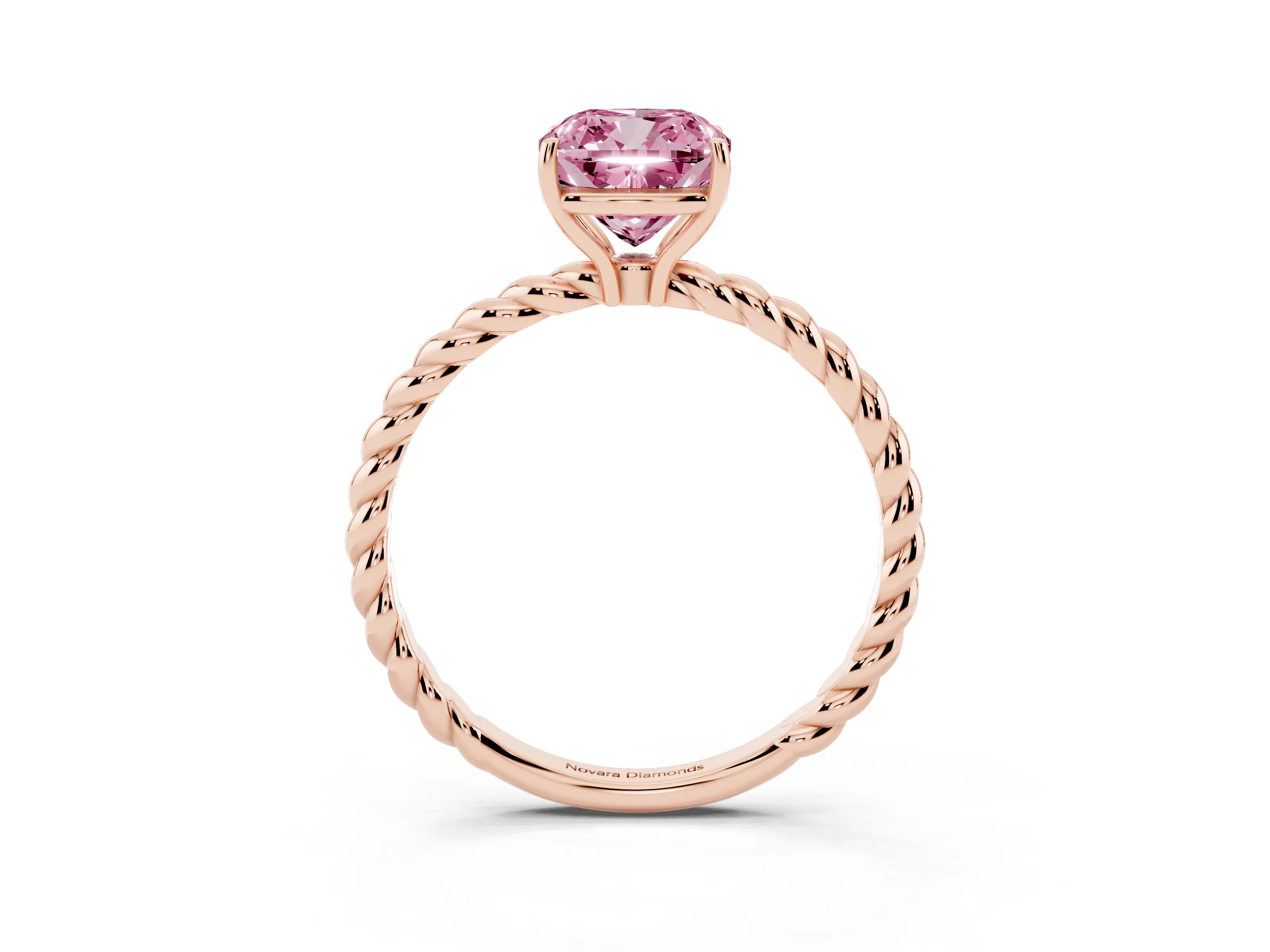 Fancy Pink Cushion Cut Diamond Solitaire Ring Set in Rose gold with Twist Band and Prong Setting