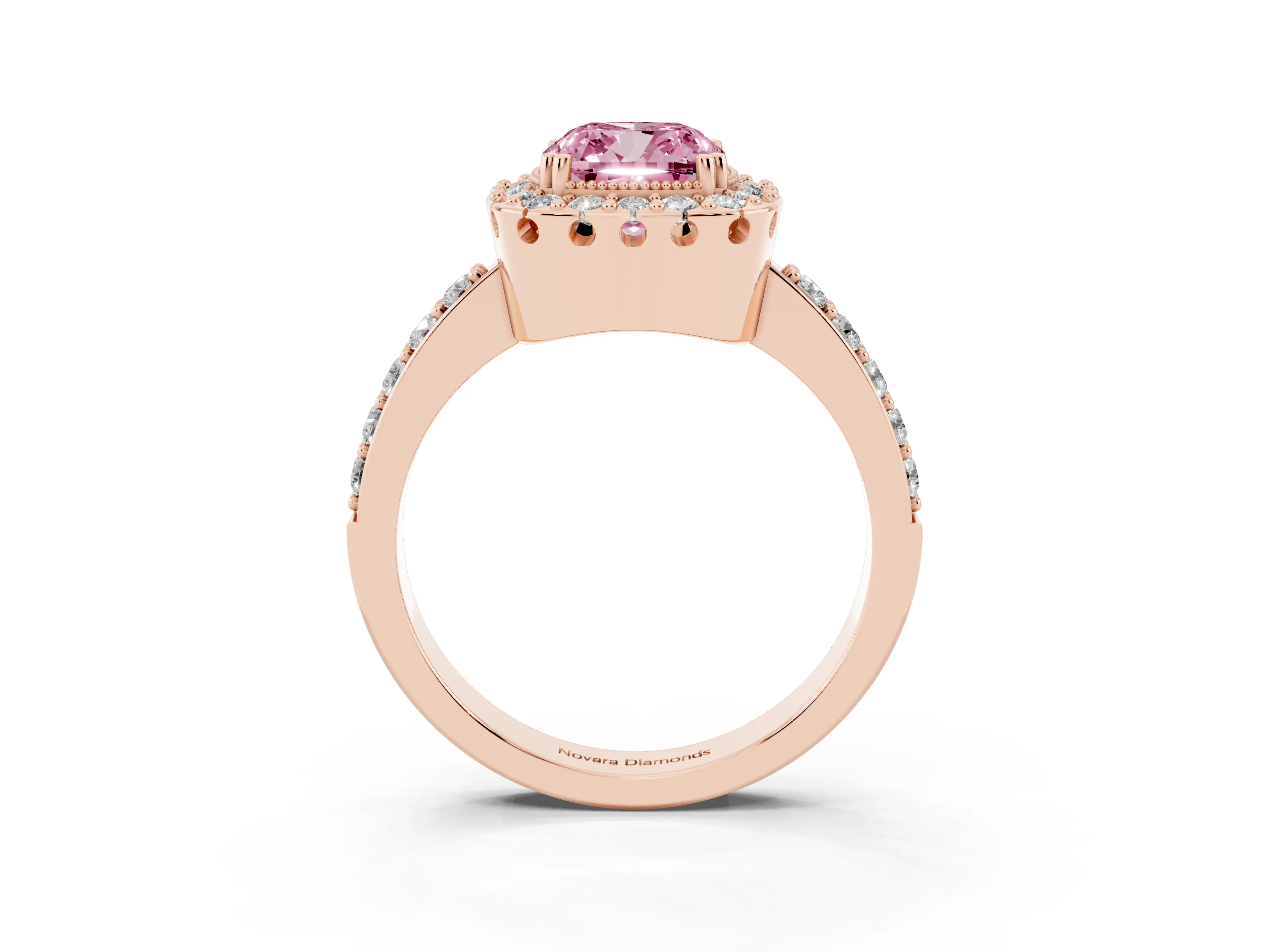 Fancy Pink Cushion Cut Diamond Halo Ring Set in Rose gold with Pavé Shank and Prong Setting