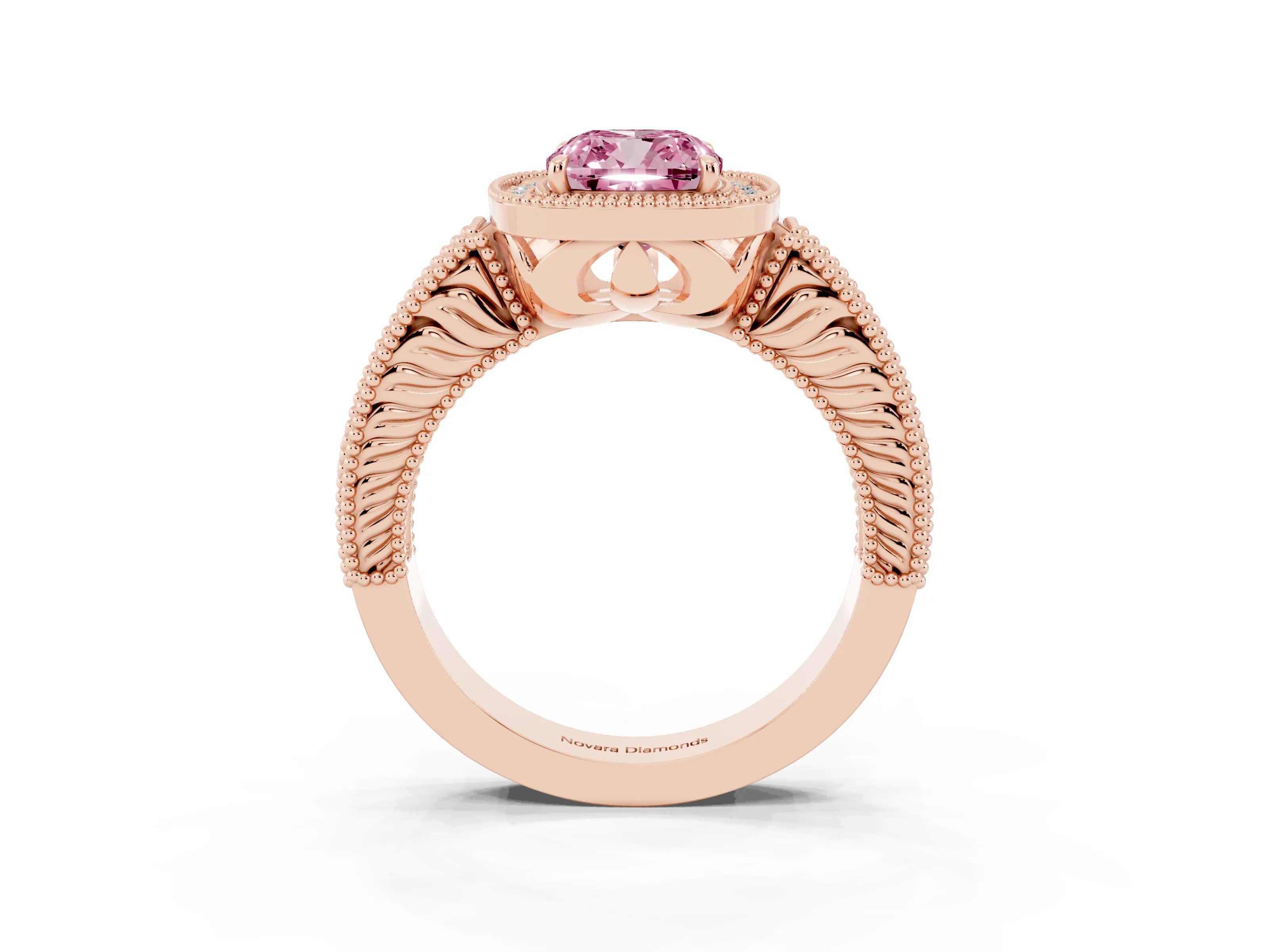 Fancy Pink Cushion Cut Diamond Halo Ring Set in Rose gold with Round Accent Halo, Pavé Band and Prong Setting