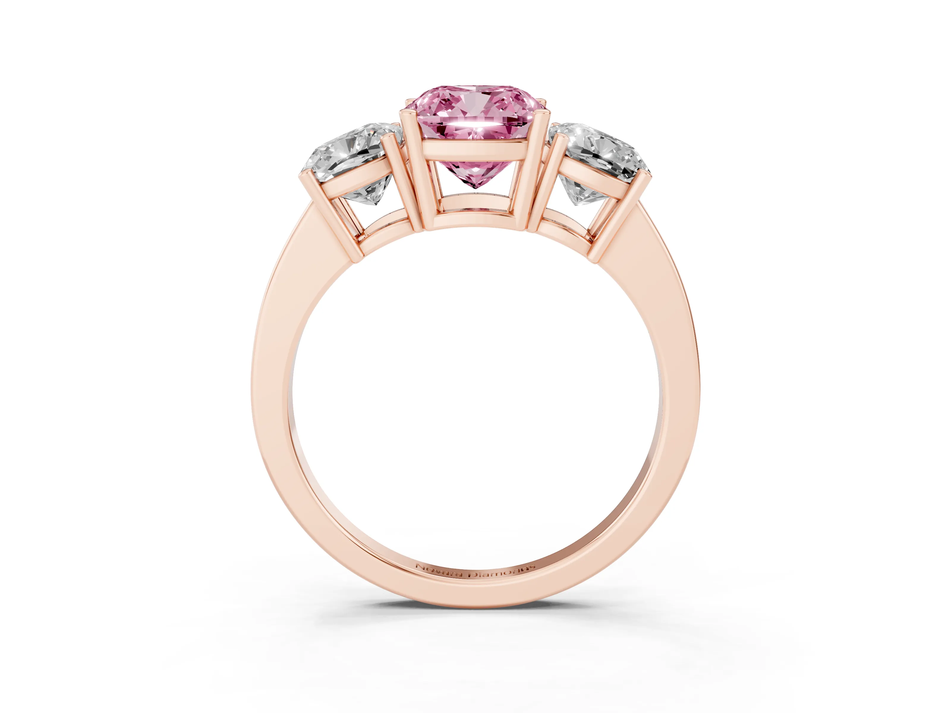 Fancy Pink Cushion Cut Diamond Three-Stone Engagement Ring Set in Rose gold with Flat Band