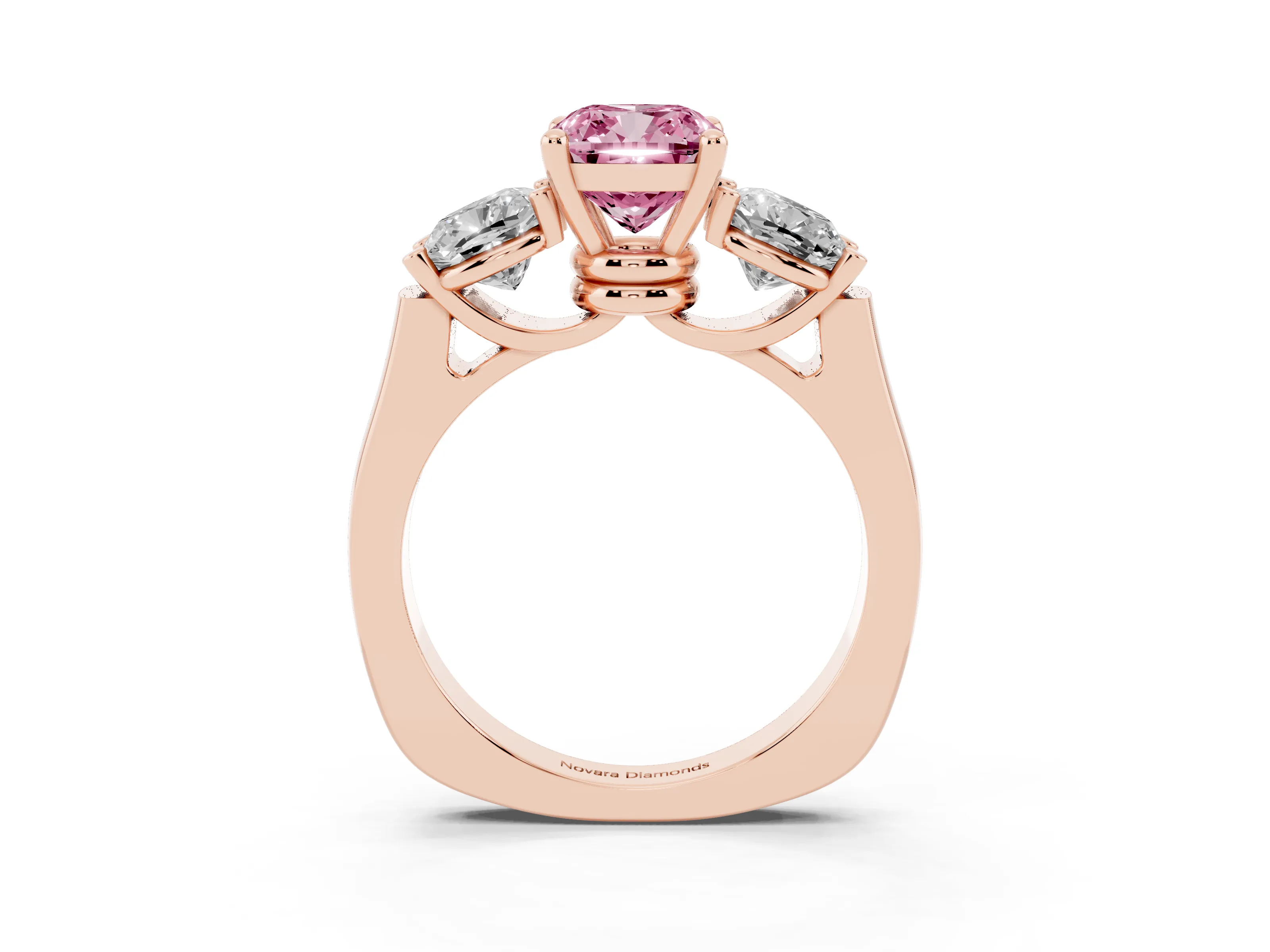 Fancy Pink Cushion Cut Diamond Three-Stone Trellis Ring Set in Rose gold with Comfort Fit Band