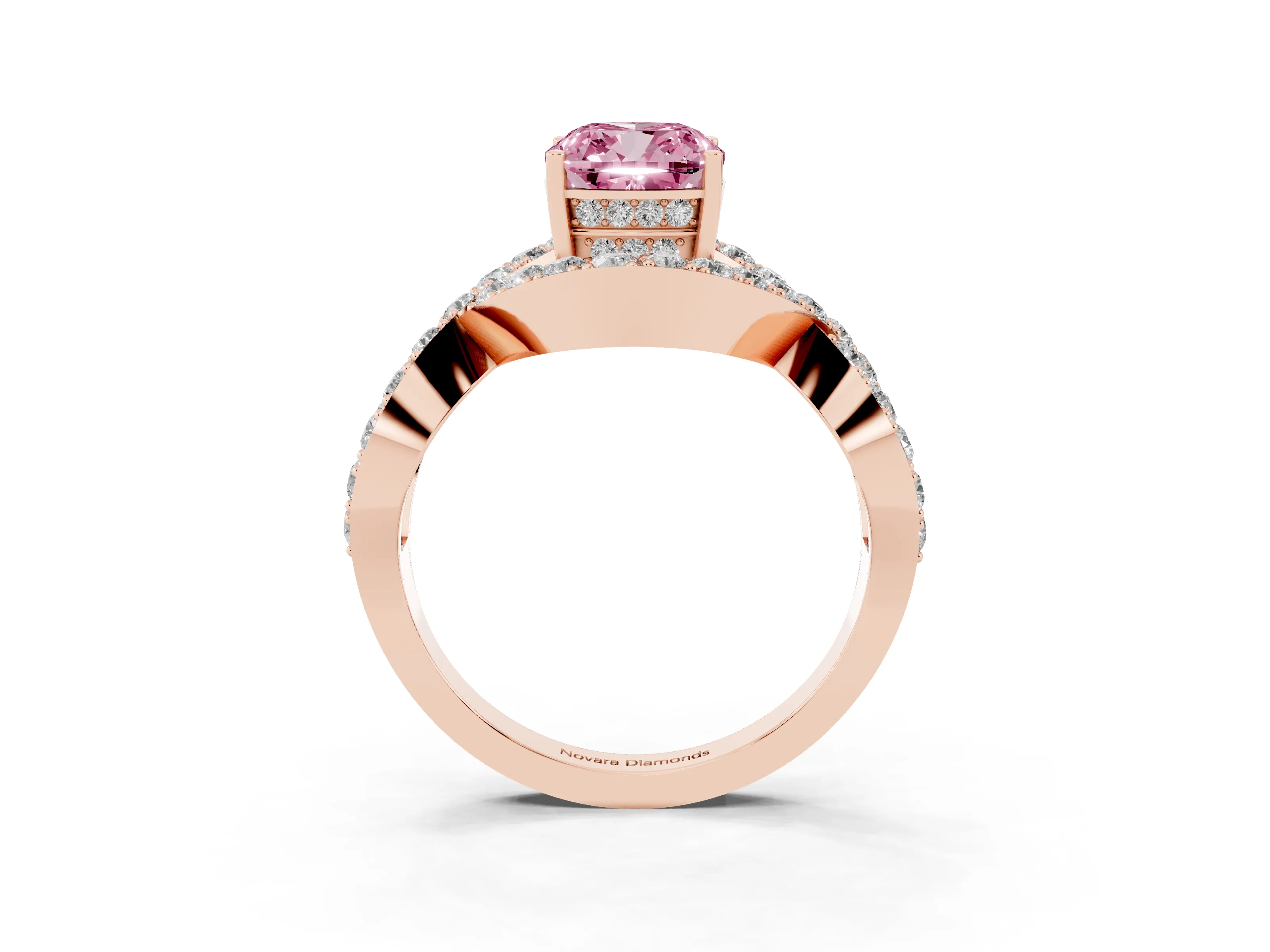 Fancy Pink Cushion Cut Diamond Solitaire Twist Band Pavé Engagement Ring Set in Rose gold