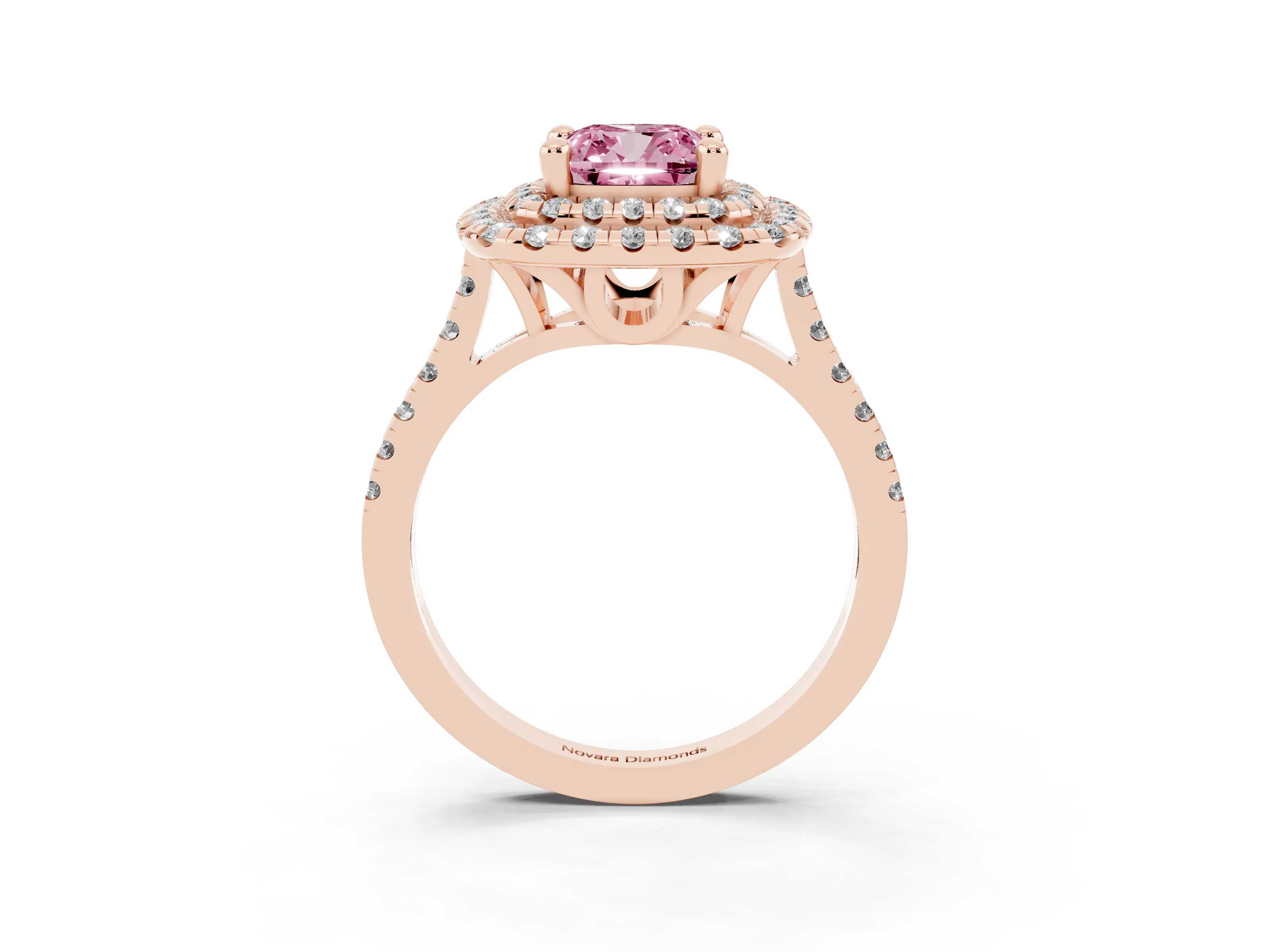 Fancy Pink Cushion Cut Diamond Double Halo Statement Ring Set in Rose gold with Pavé Band