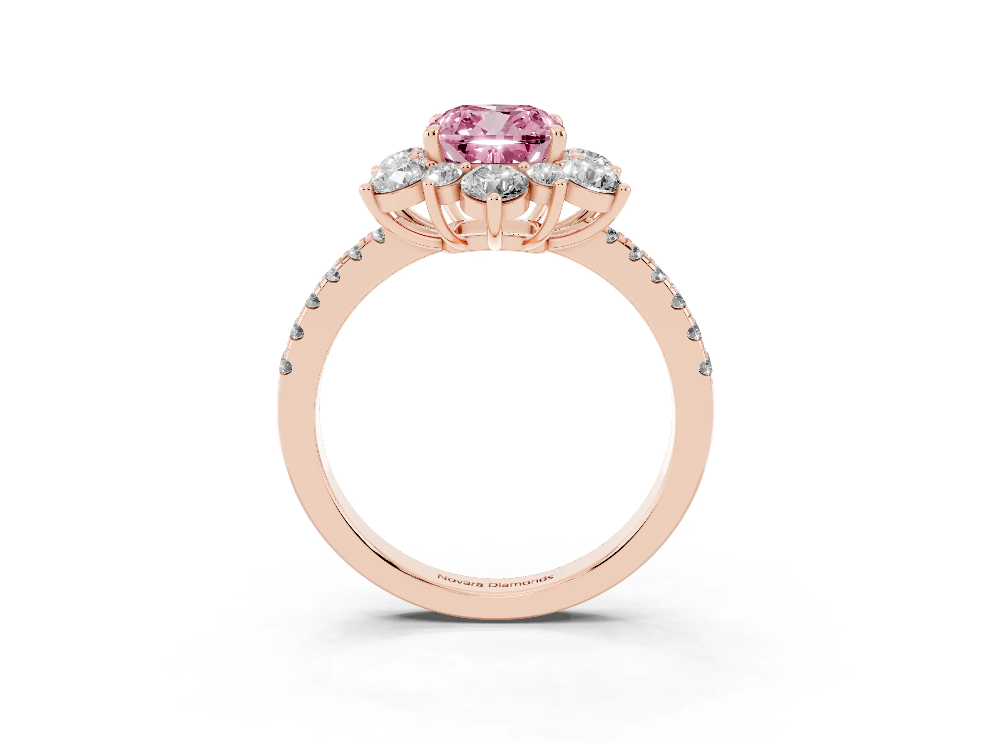Fancy Pink Cushion Cut Diamond Floral Halo Ring Set in Rose gold with Round Pavé Band and Prong Setting