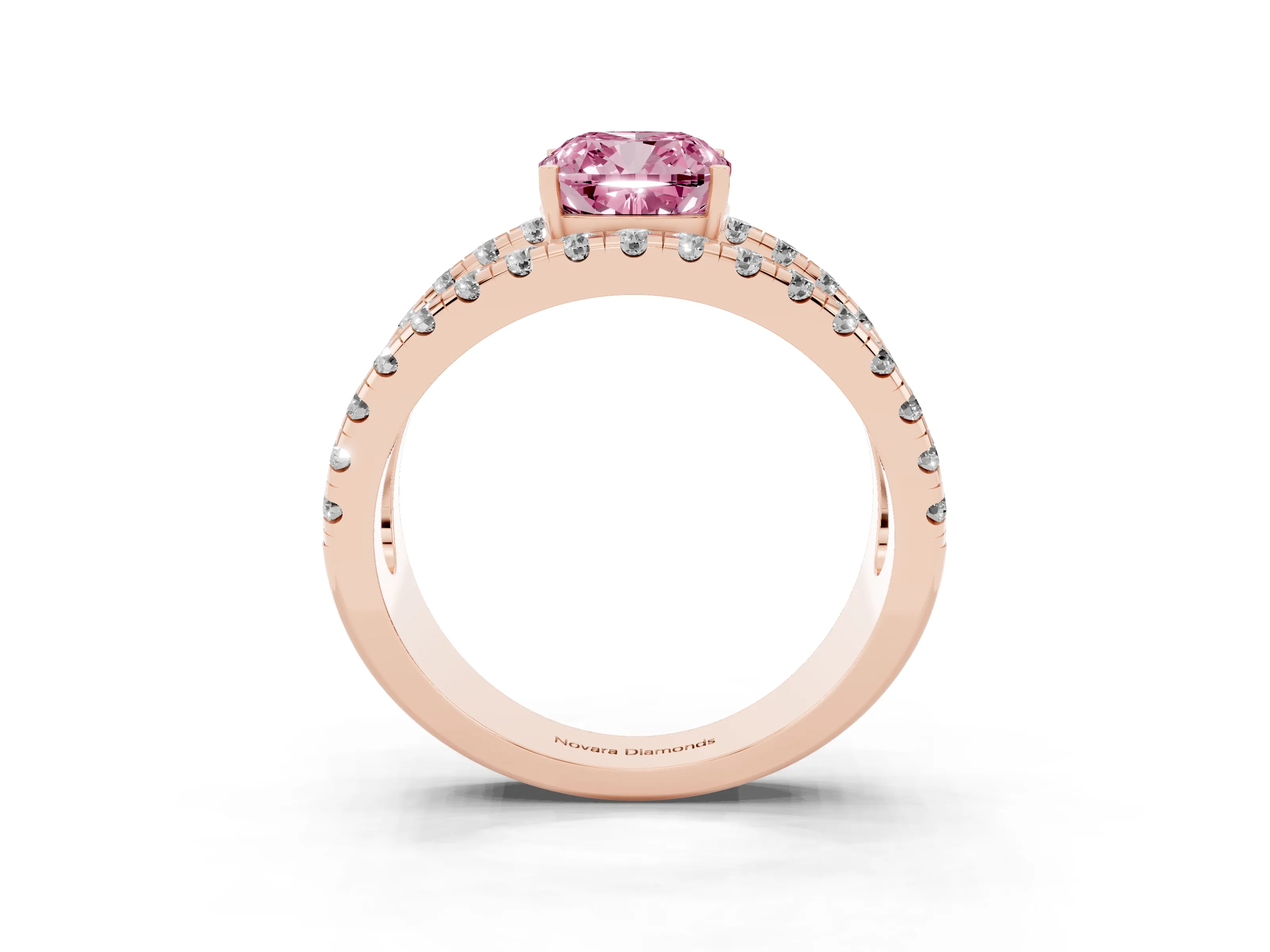 Fancy Pink Cushion Cut Diamond Split Shank Pavé Solitaire Ring Set in Rose gold with Open Shank Design