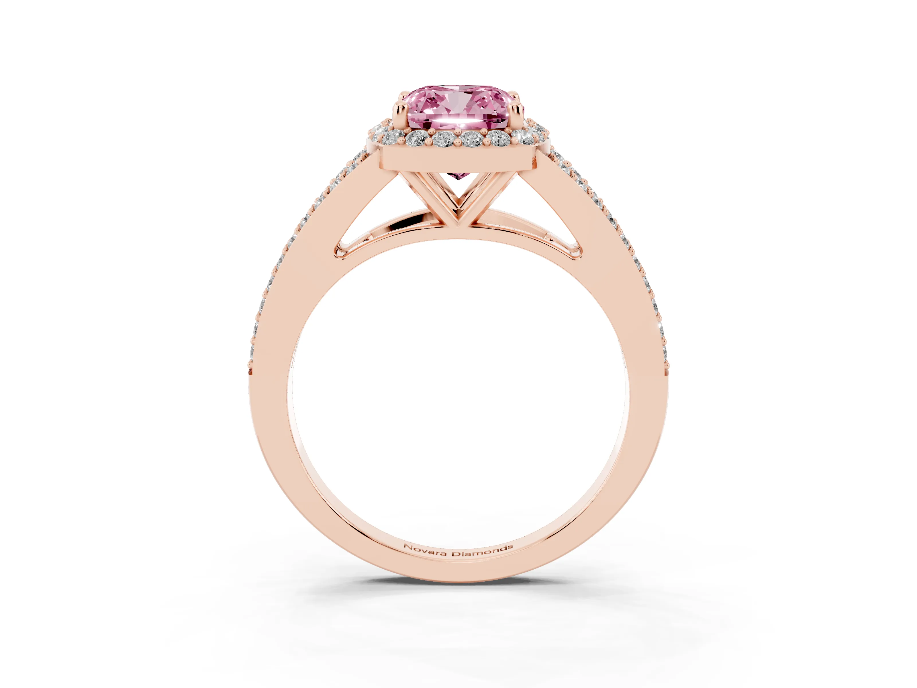 Fancy Pink Cushion Cut Diamond Halo Split Shank Ring Set in Rose gold with Accent Stones and Prong Setting