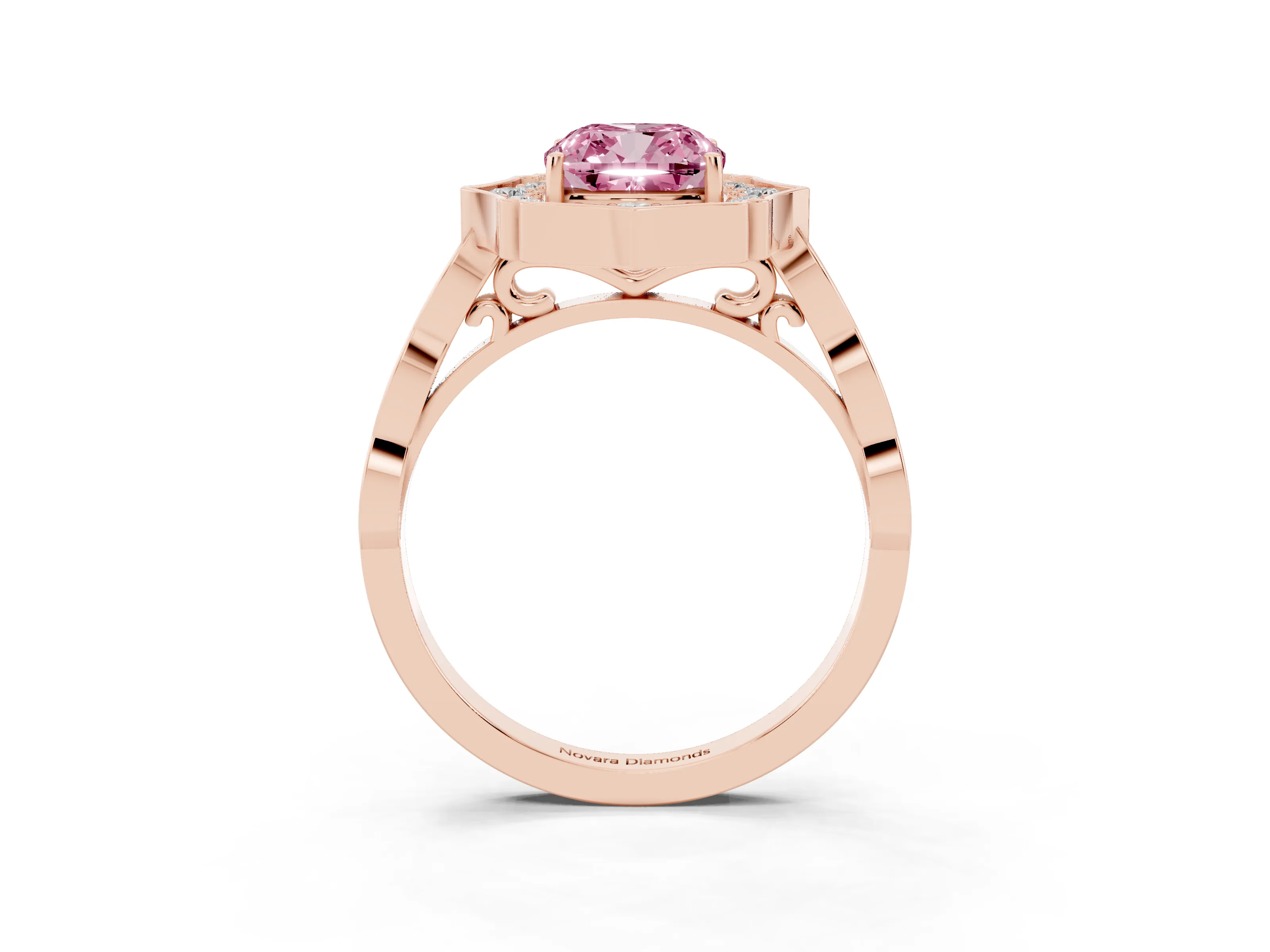 Fancy Pink Cushion Cut Diamond Halo Engagement Ring Set in Rose gold with Milgrain Band and Prong Setting