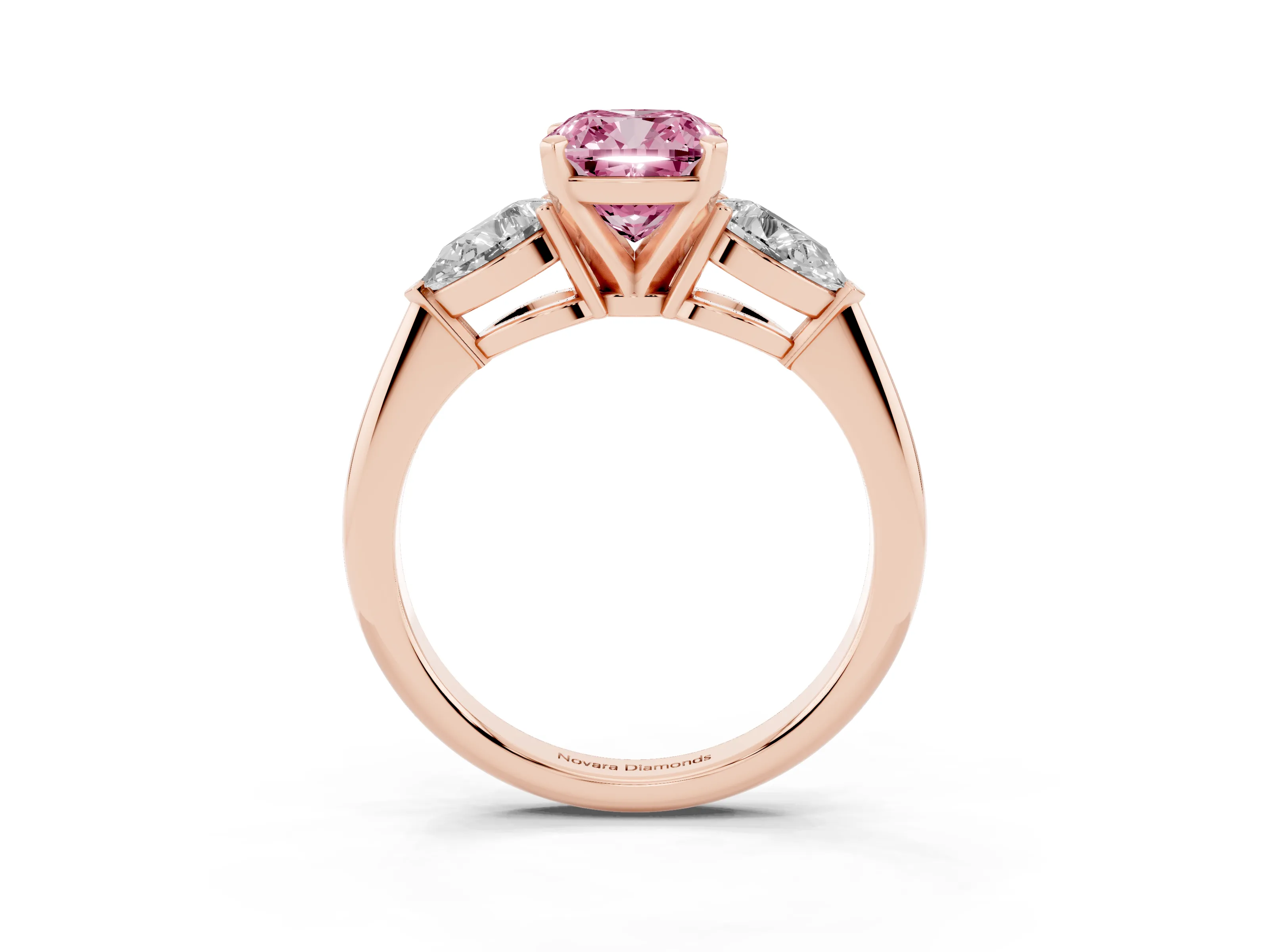 Fancy Pink Three-Stone Cushion Cut Diamond Ring Set in Rose gold with Pear Side Stones and Prong Setting