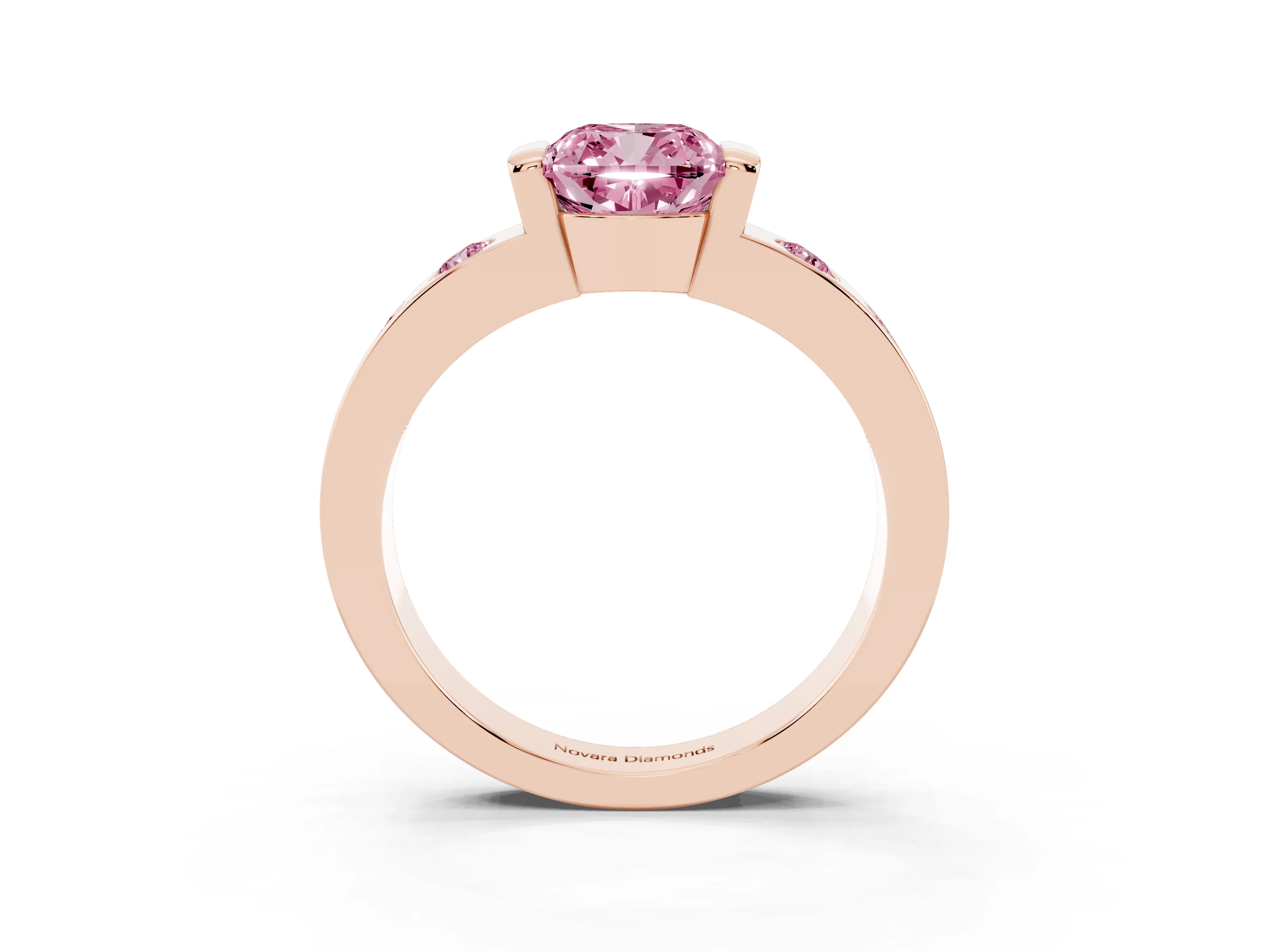 Fancy Pink Cushion Cut Diamond Channel-Set Band Ring Set in Rose gold with Bezel Prong Setting