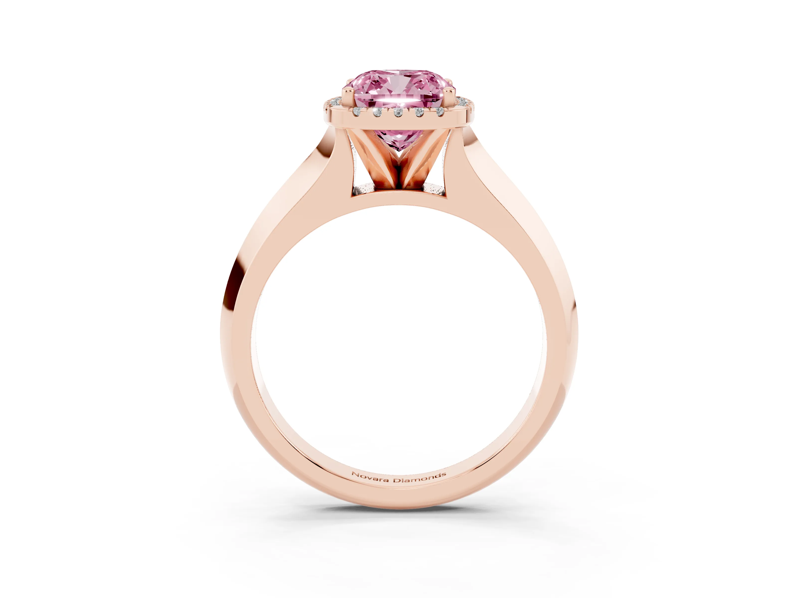 Fancy Pink Cushion Cut Diamond Halo Ring Set in Rose gold with Cathedral Band and Prong Setting