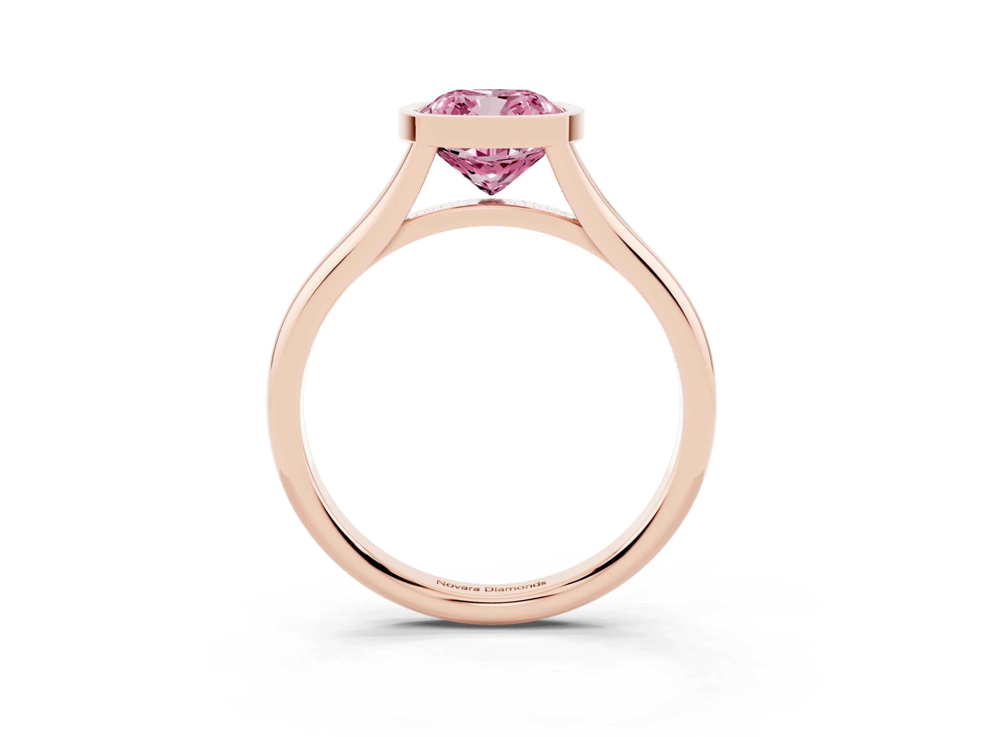 Fancy Pink Bezel Set Cushion Cut Diamond Solitaire Ring Set in Rose gold with Tapered Band