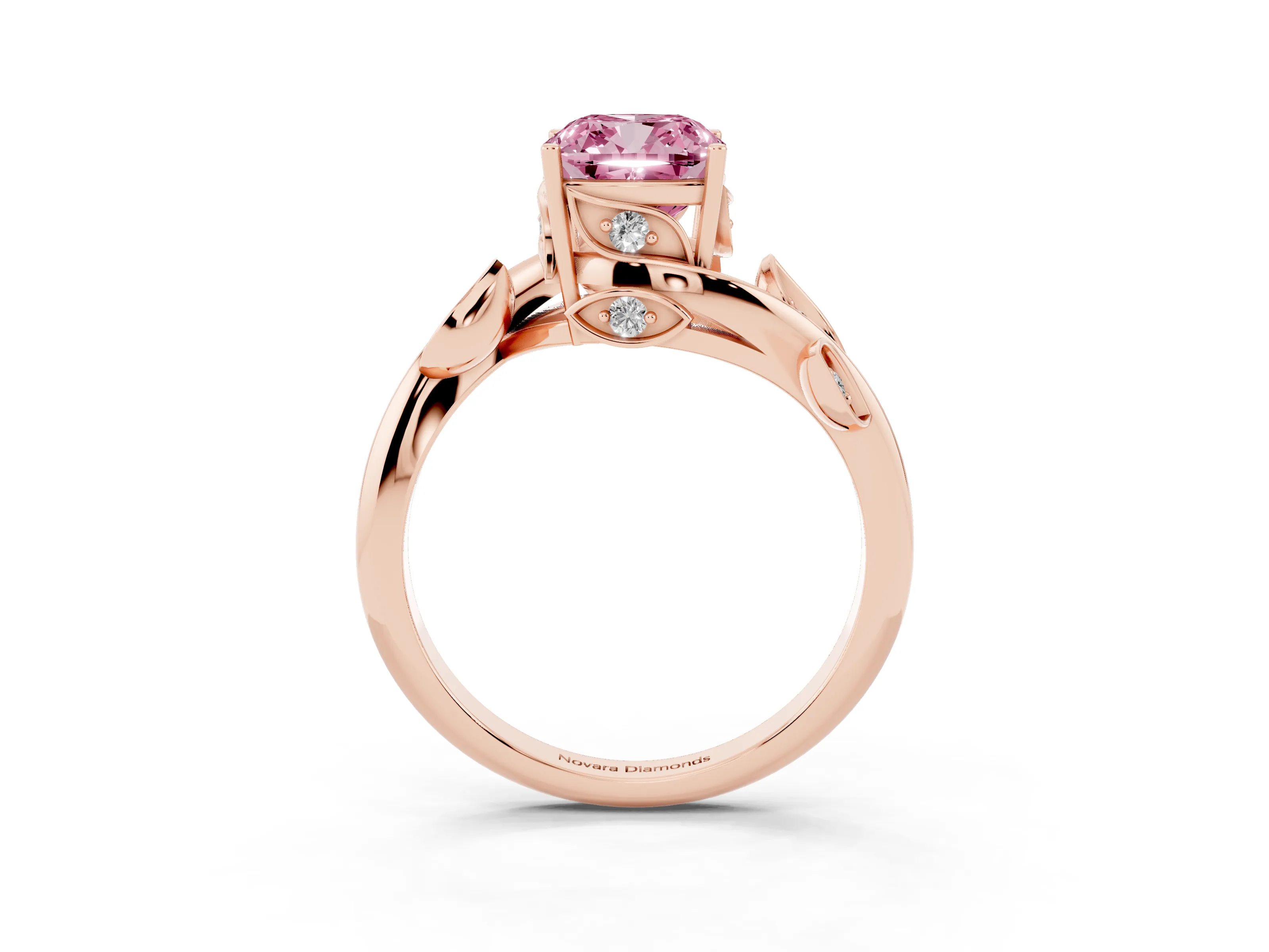 Fancy Pink Cushion Cut Diamond Solitaire Twist Engagement Ring Set in Rose gold with Pavé Leaf Accents