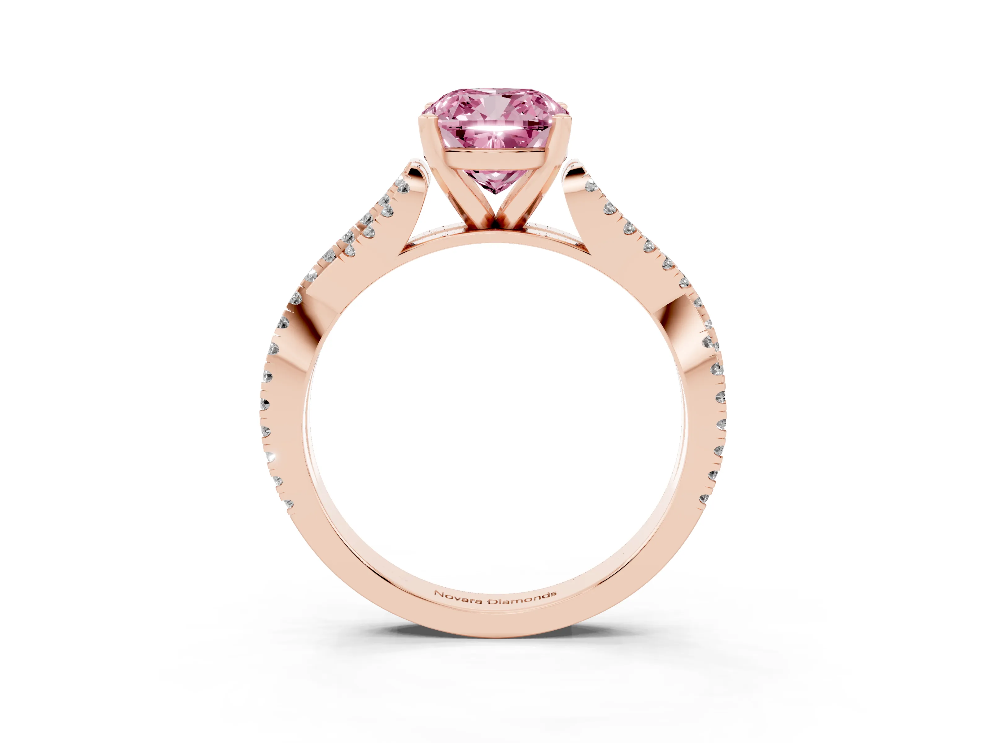 Fancy Pink Cushion Cut Diamond Solitaire Engagement Ring Set in Rose gold with Twisted Pavé Band and Prong Setting