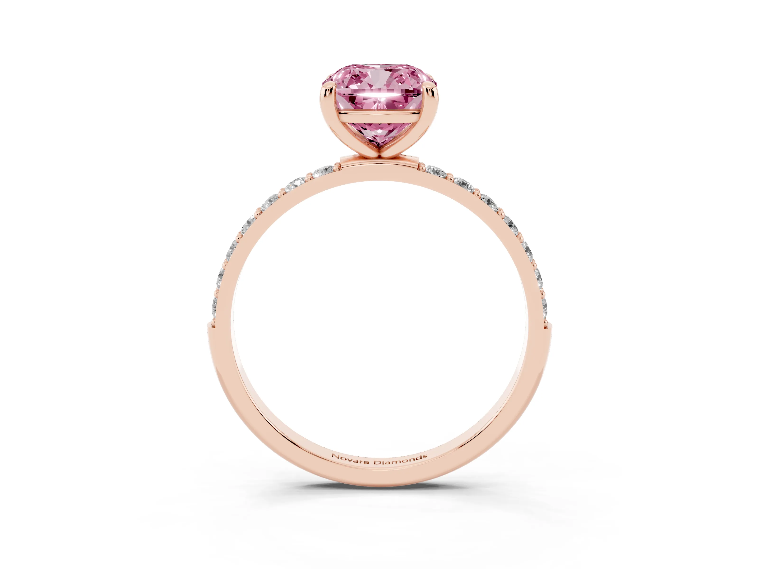 Fancy Pink Cushion Cut Diamond Solitaire Ring Set in Rose gold with Round Pavé Band and Prong Setting