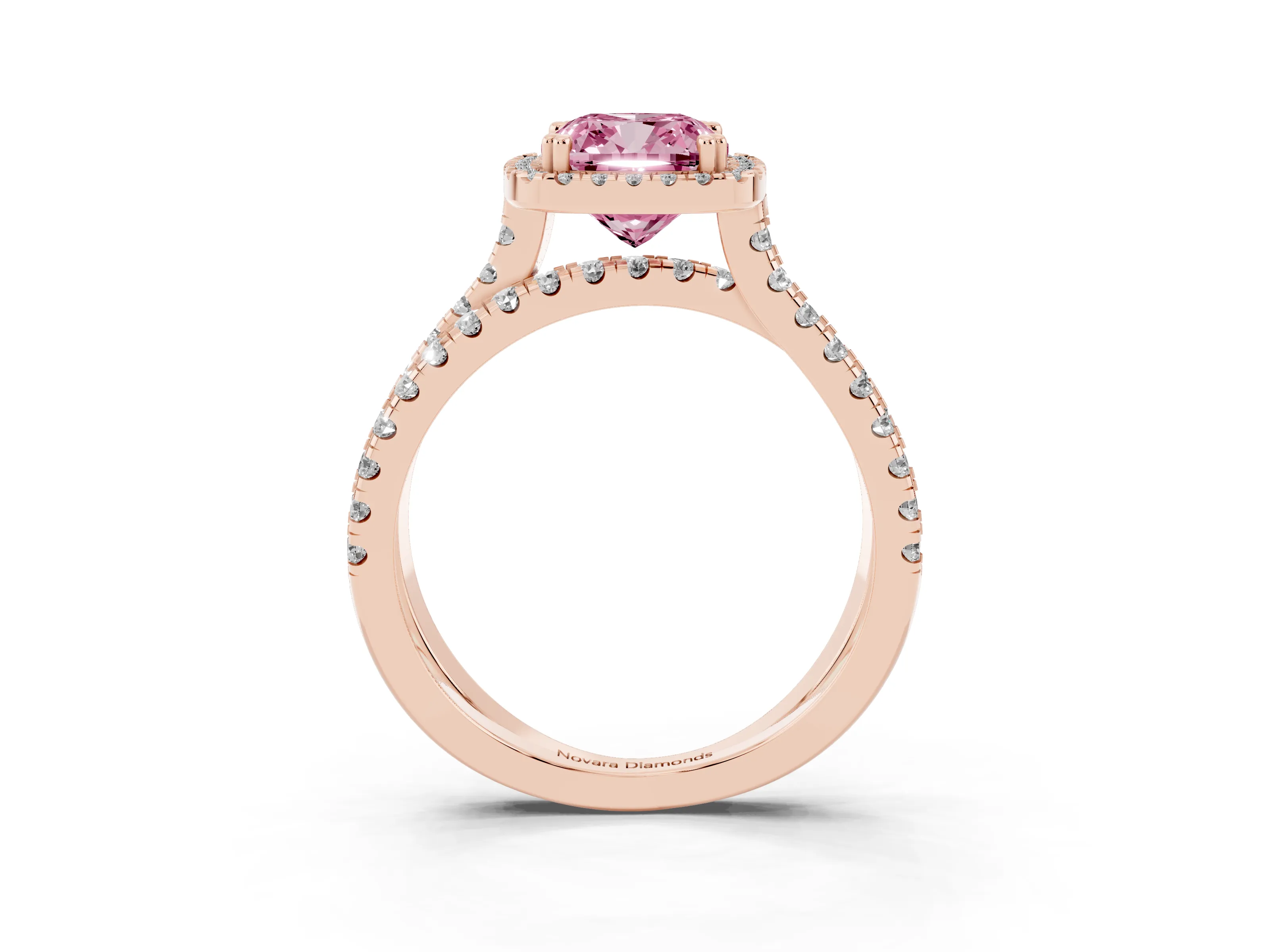 Fancy Pink Cushion Cut Diamond Halo Split Shank Ring Set in Rose gold with Pavé Setting