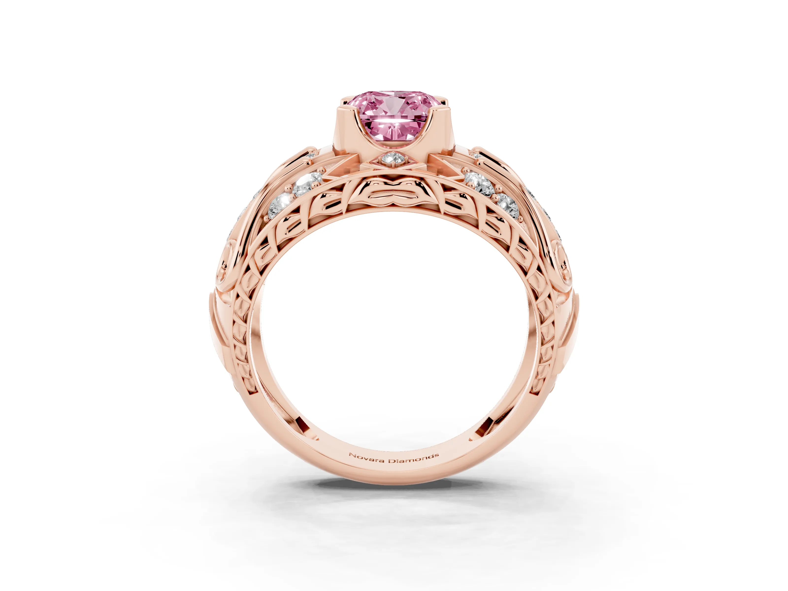 Fancy Pink Cushion Cut Diamond Art Deco Ring Set in Rose gold with Pavé Split Shank