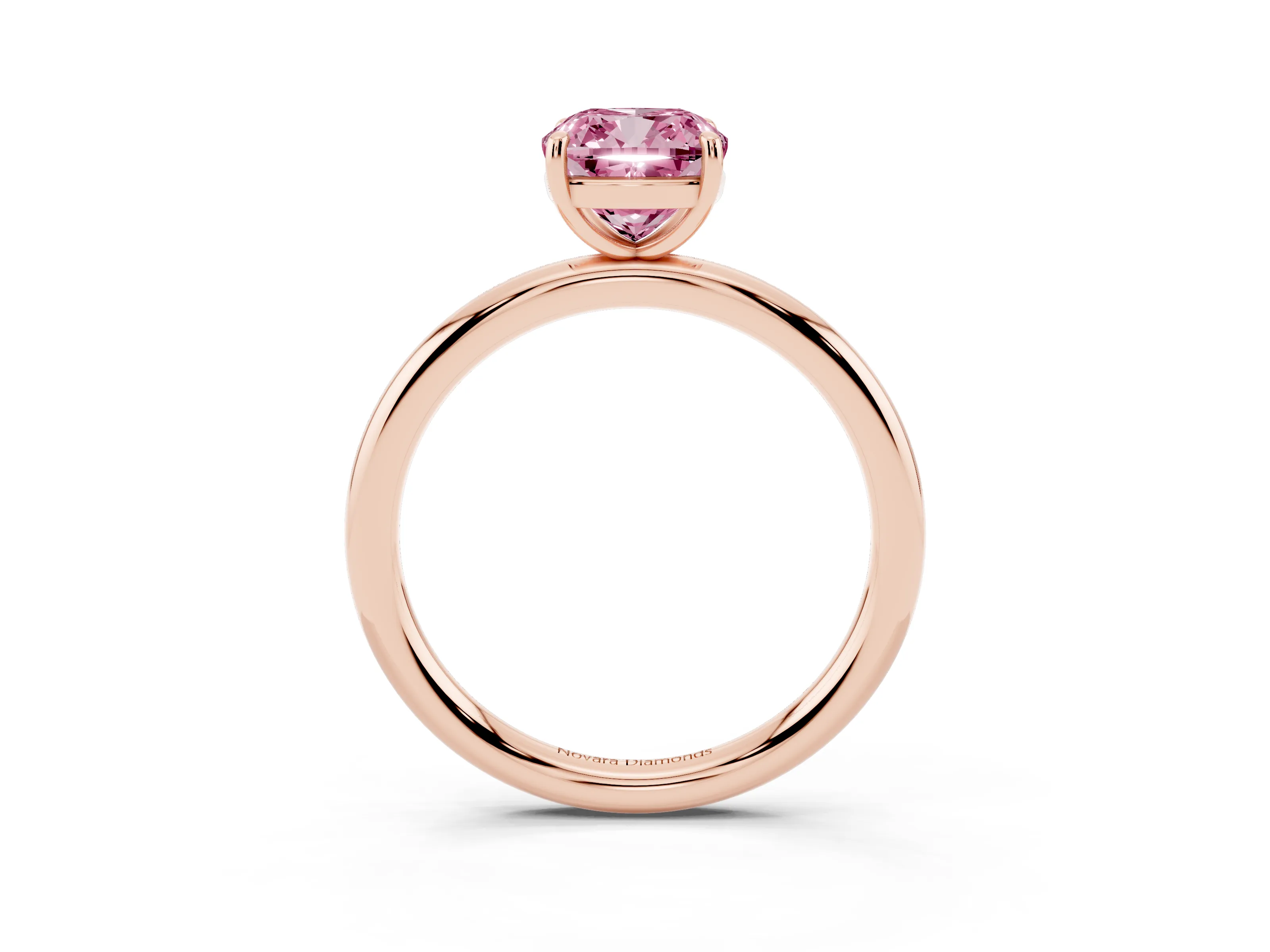 Fancy Pink Cushion Cut Diamond Solitaire Ring Set in Rose gold with Prong Setting on a Polished Plain Band