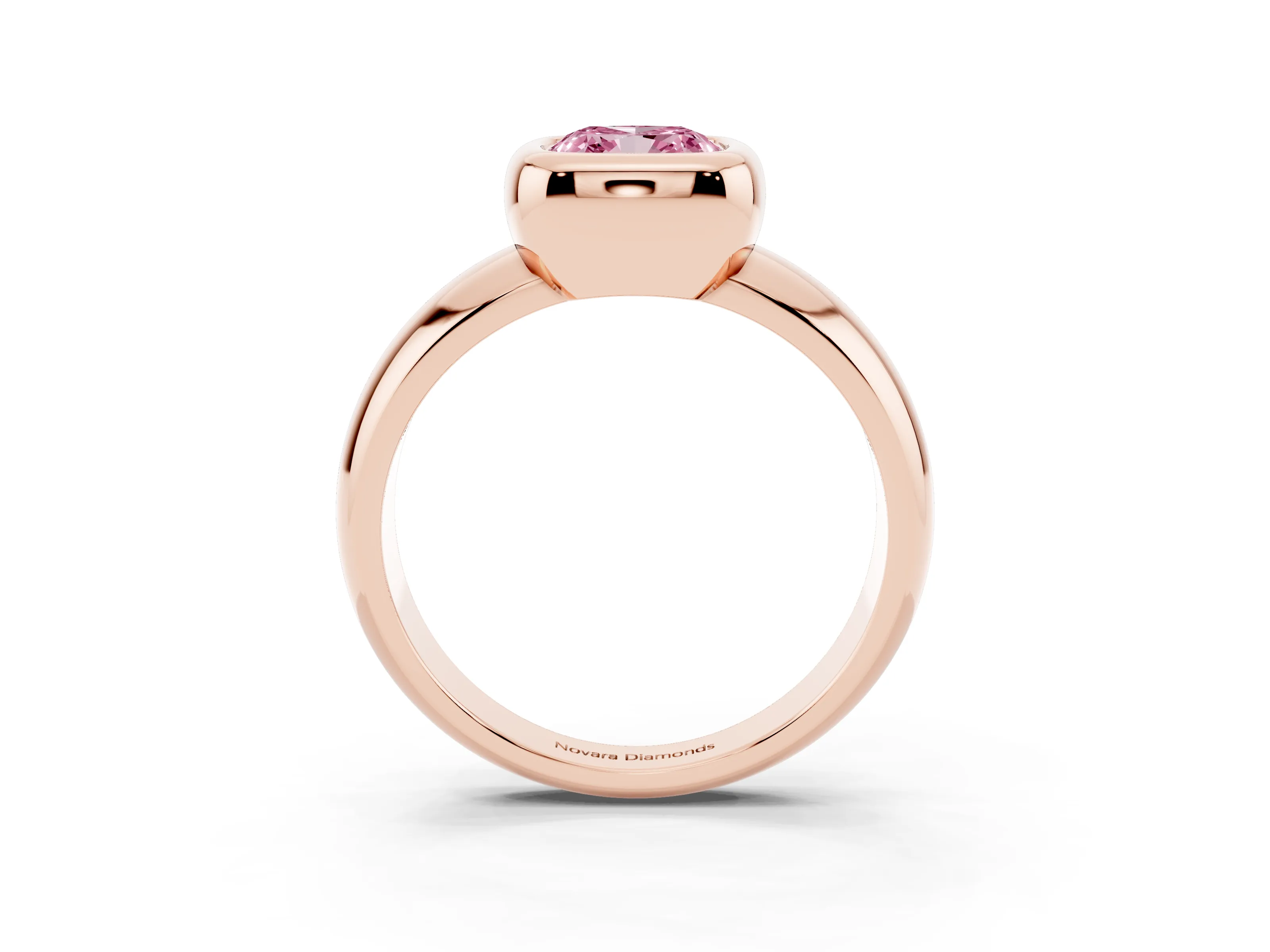 Fancy Pink Bezel Set Cushion Cut Diamond Solitaire Ring Set in Rose gold with Wide Band
