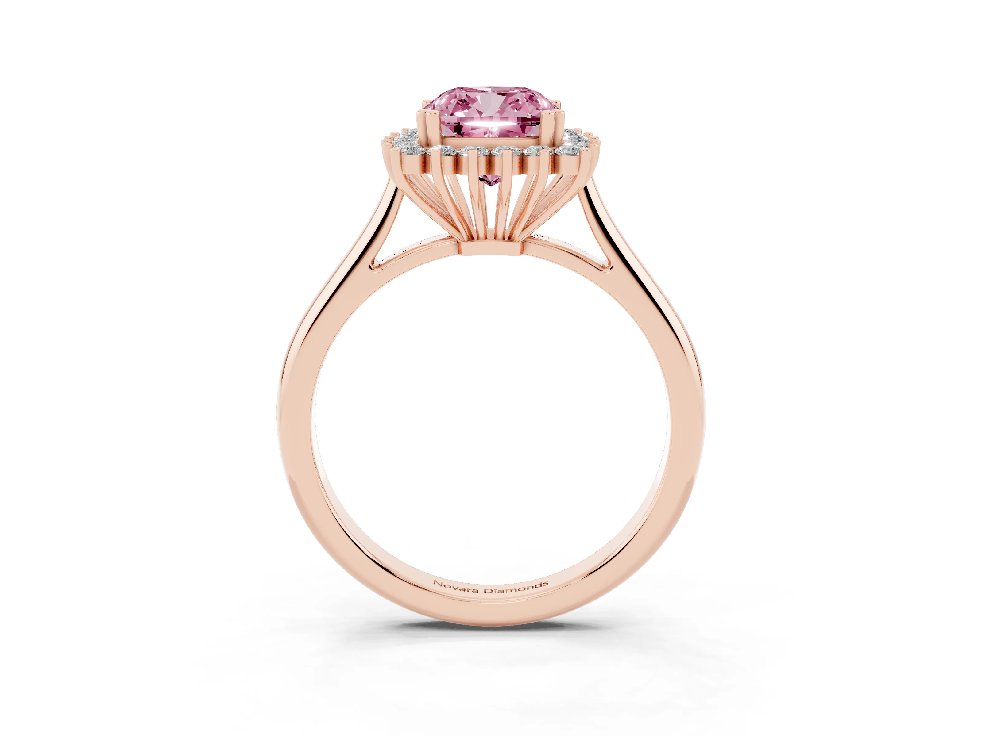 Fancy Pink Cushion Cut Diamond Halo Ring Set in Rose gold with Plain Solitaire Band and Prong Setting