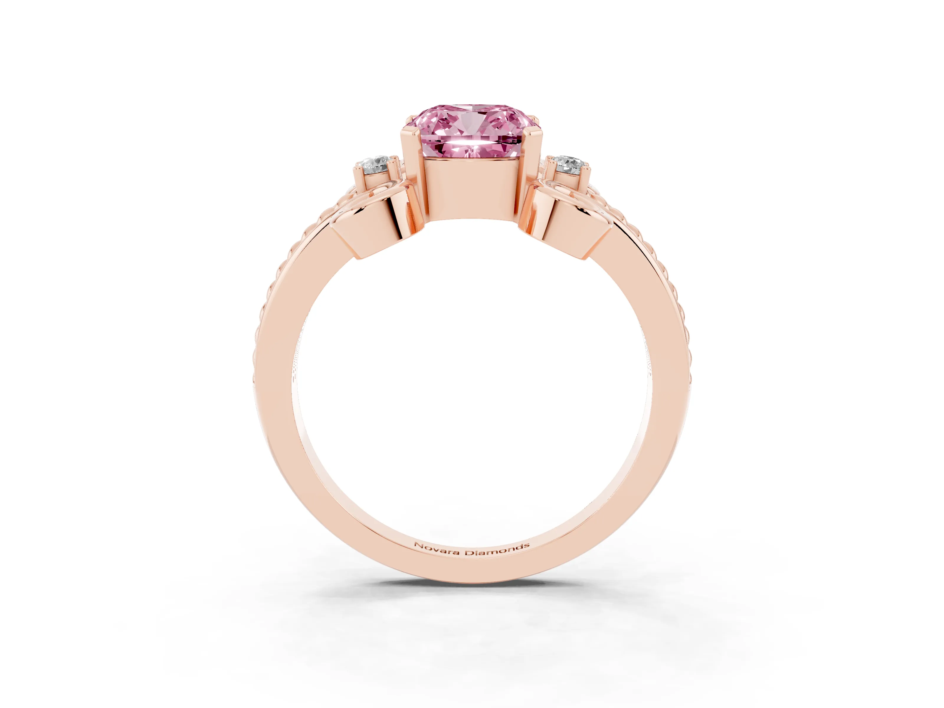 Fancy Pink Cushion Cut Diamond Twisted Band Solitaire Ring Set in Rose gold with Scroll Prongs