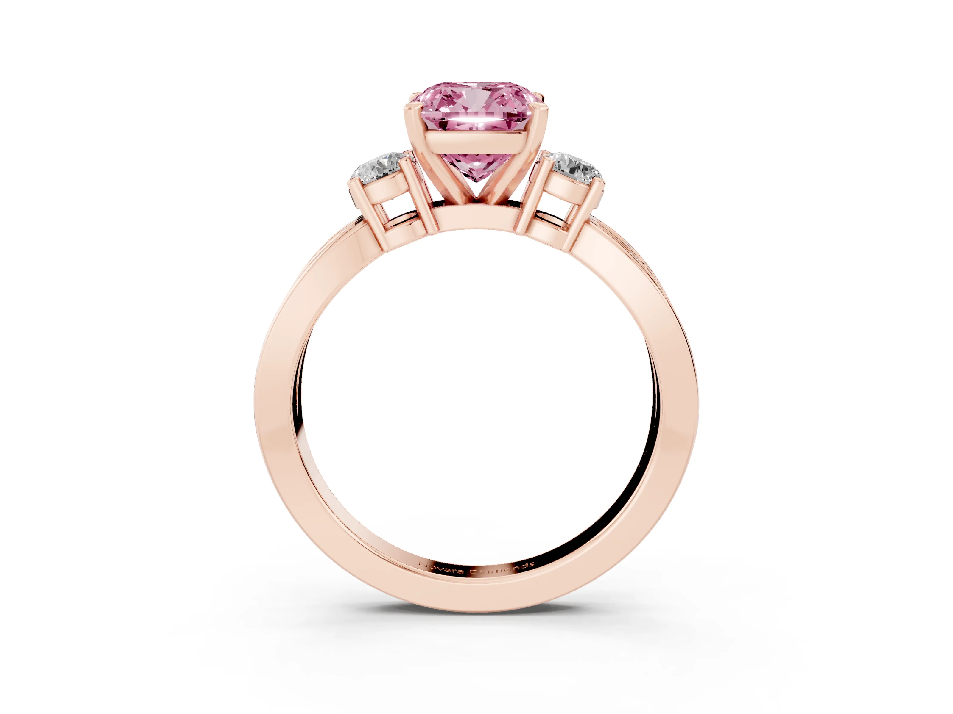 Fancy Pink Three-Stone Cushion Cut Diamond Twist Band Ring Set in Rose gold with Pavé Accents and Prong Setting