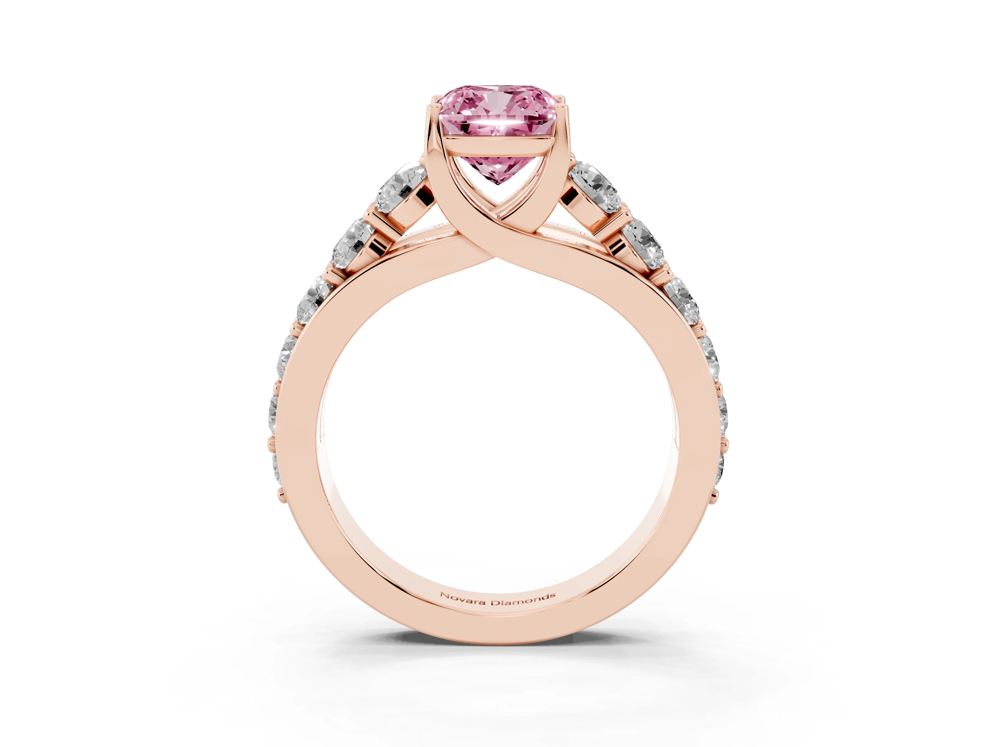 Fancy Pink Cushion Cut Diamond Pavé Engagement Ring Set in Rose gold with Prong Setting