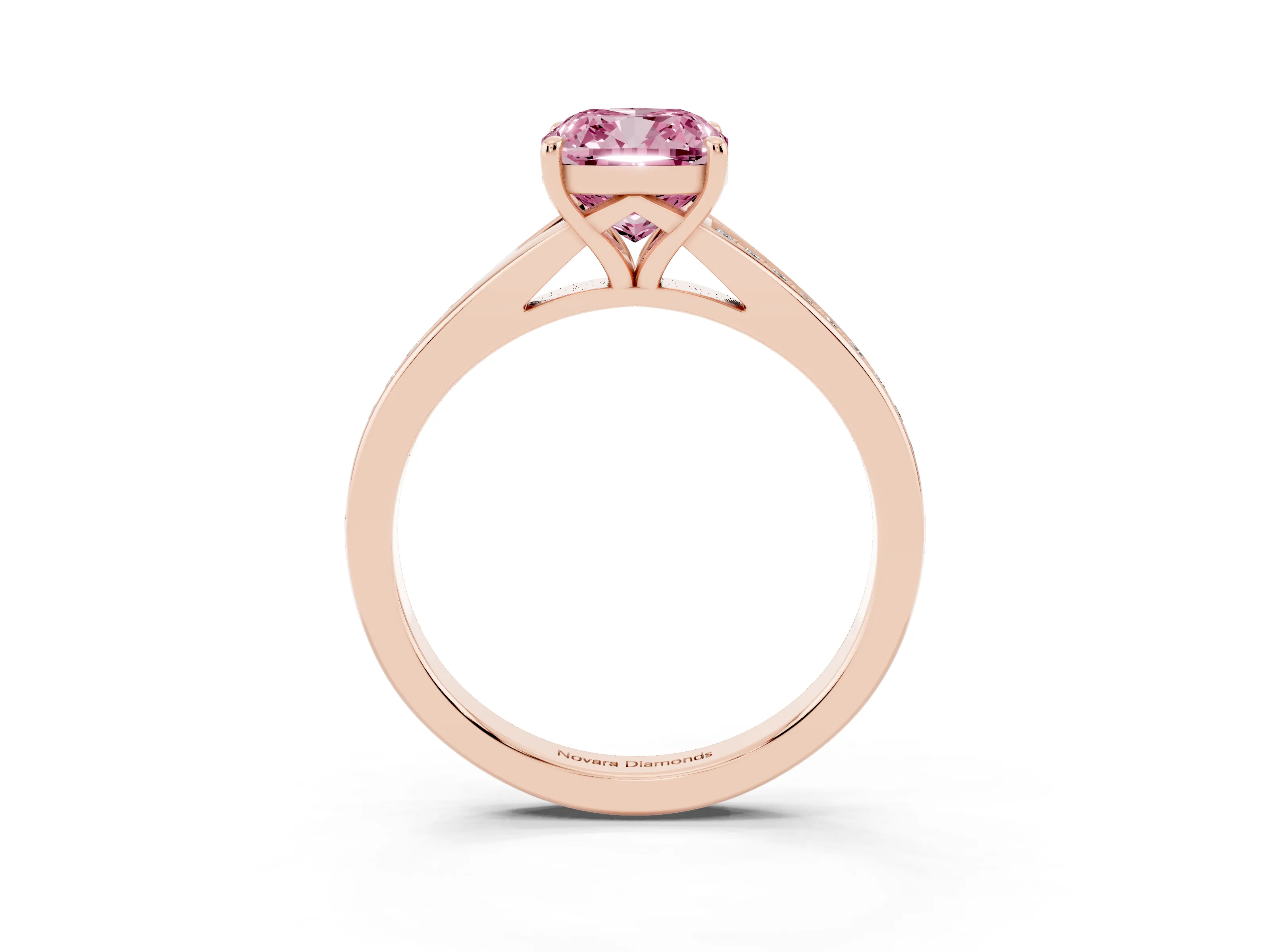 Fancy Pink Cushion Cut Diamond Solitaire Ring Set in Rose gold with Pavé Accent Band and Classic Prong Setting