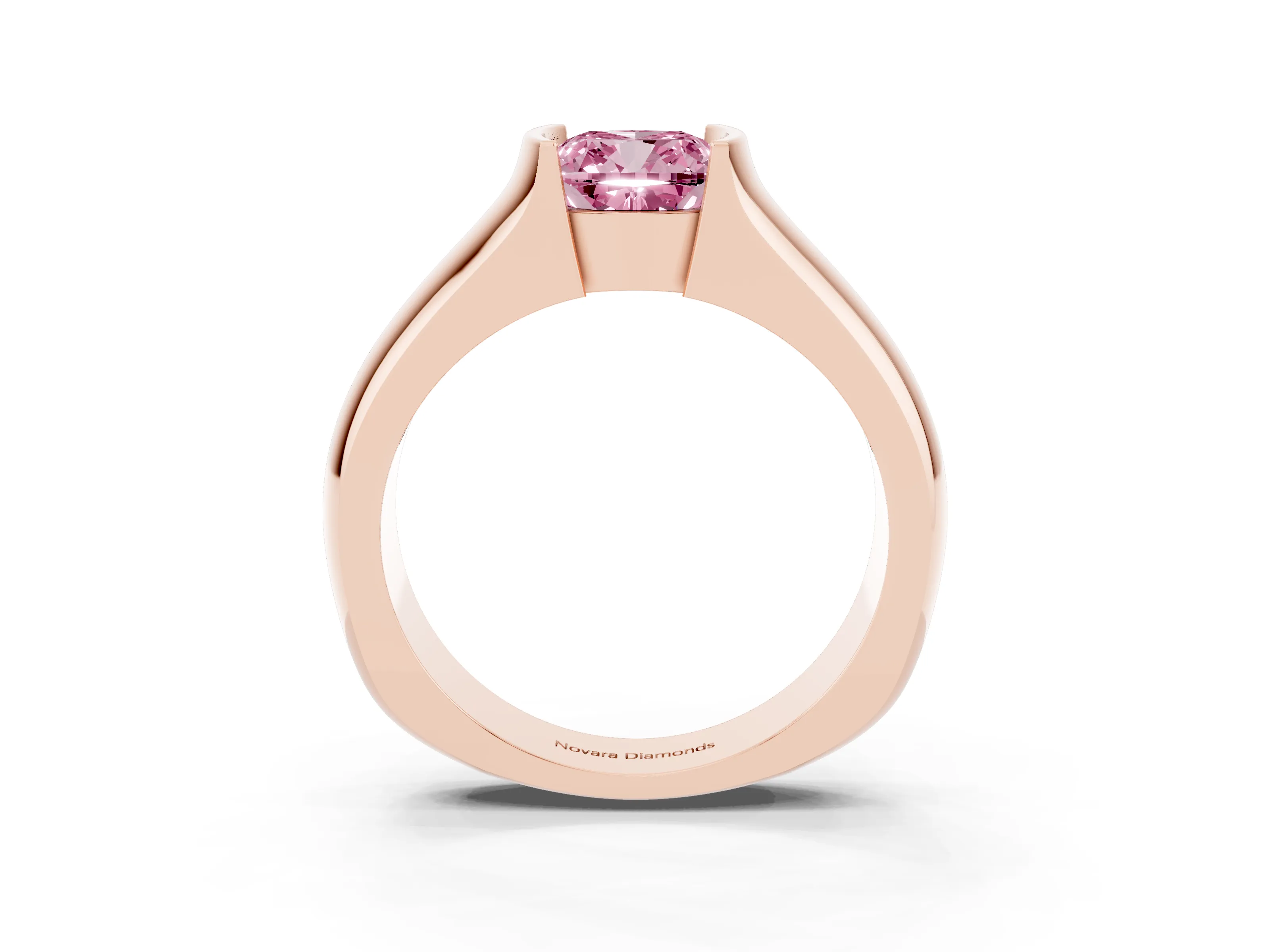 Fancy Pink Cushion Cut Diamond Bezel Solitaire Ring Set in Rose gold with Wide Band