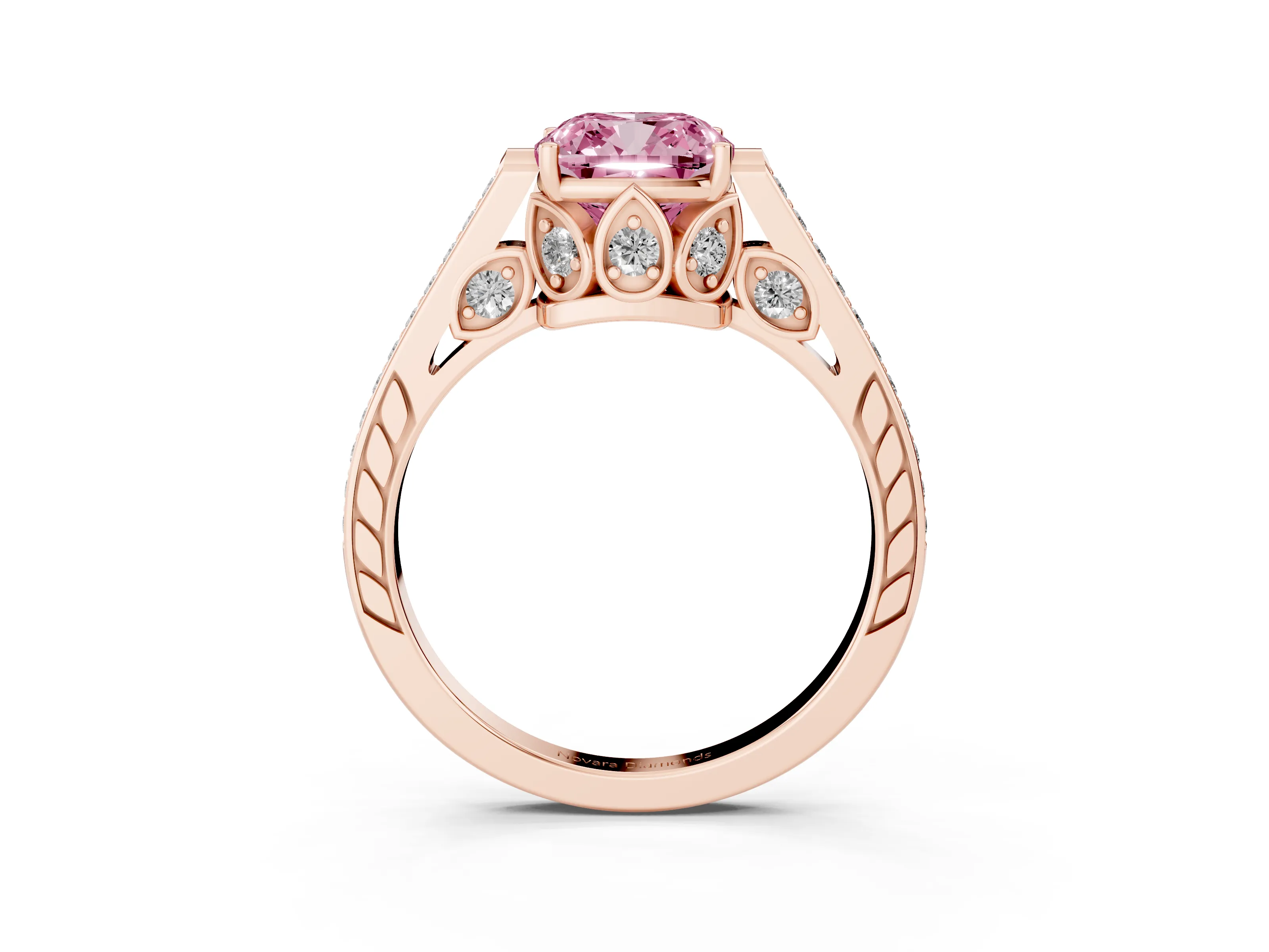 Fancy Pink Cushion Cut Diamond Cathedral Pavé Engagement Ring Set in Rose gold with Prong Setting