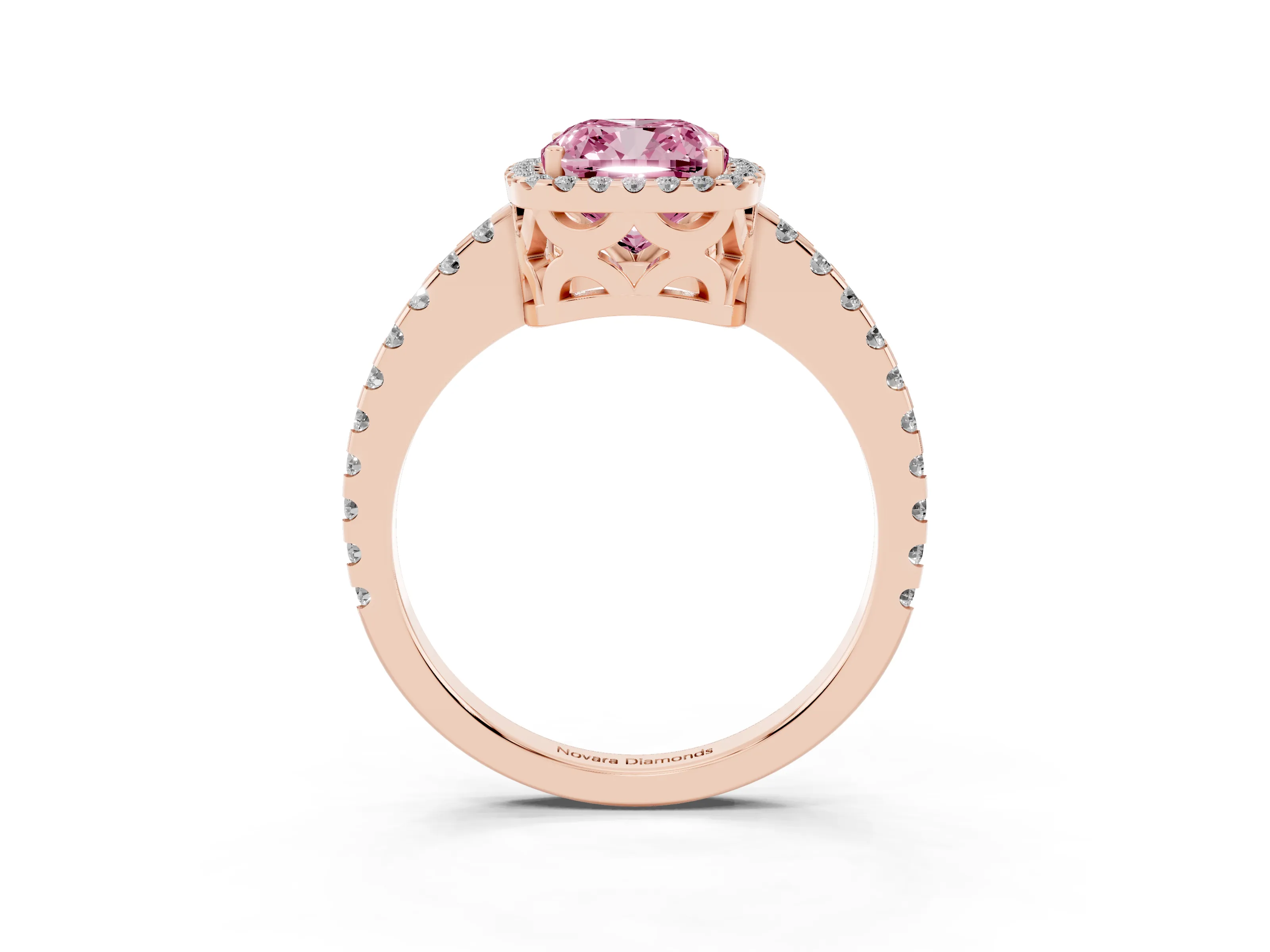 Fancy Pink Cushion Cut Diamond Halo Ring Set in Rose gold with Pavé Shoulders and Halo-Framed Center