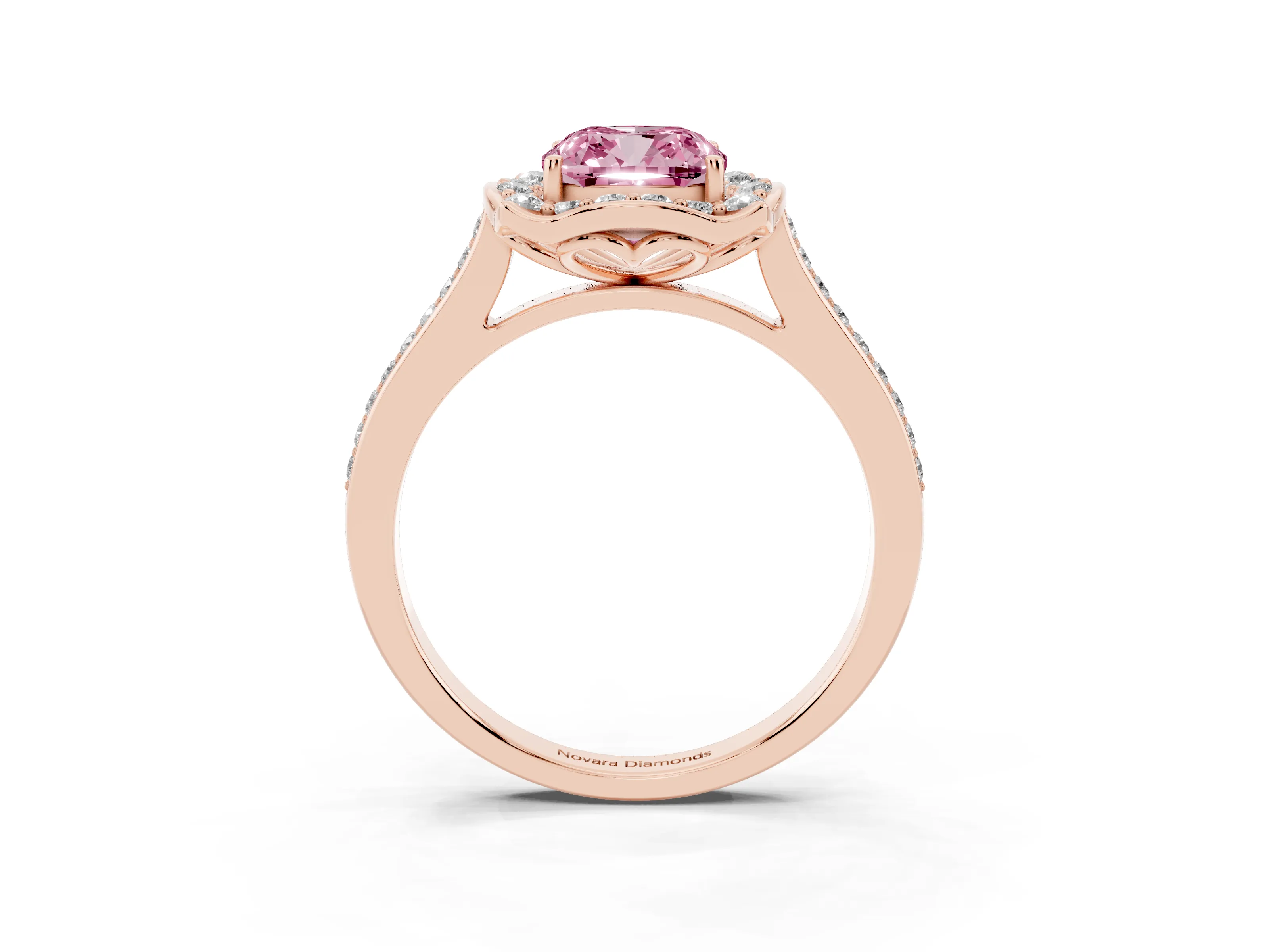 Fancy Pink Cushion Cut Diamond Halo Ring Set in Rose gold with Pavé-Lined Shoulders and Prong Setting
