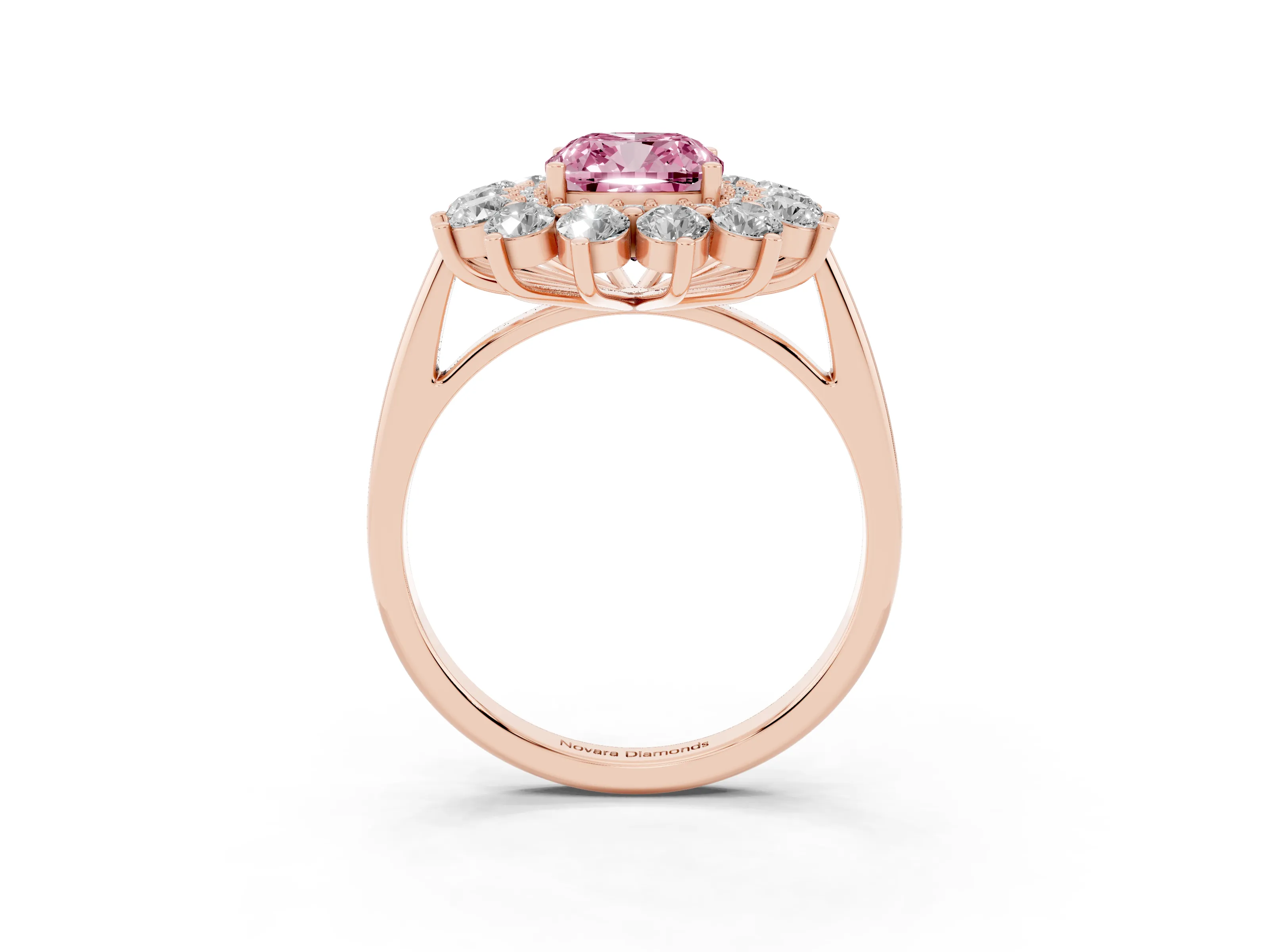 Fancy Pink Cushion Cut Diamond Floral Double Halo Ring Set in Rose gold with Round Petals