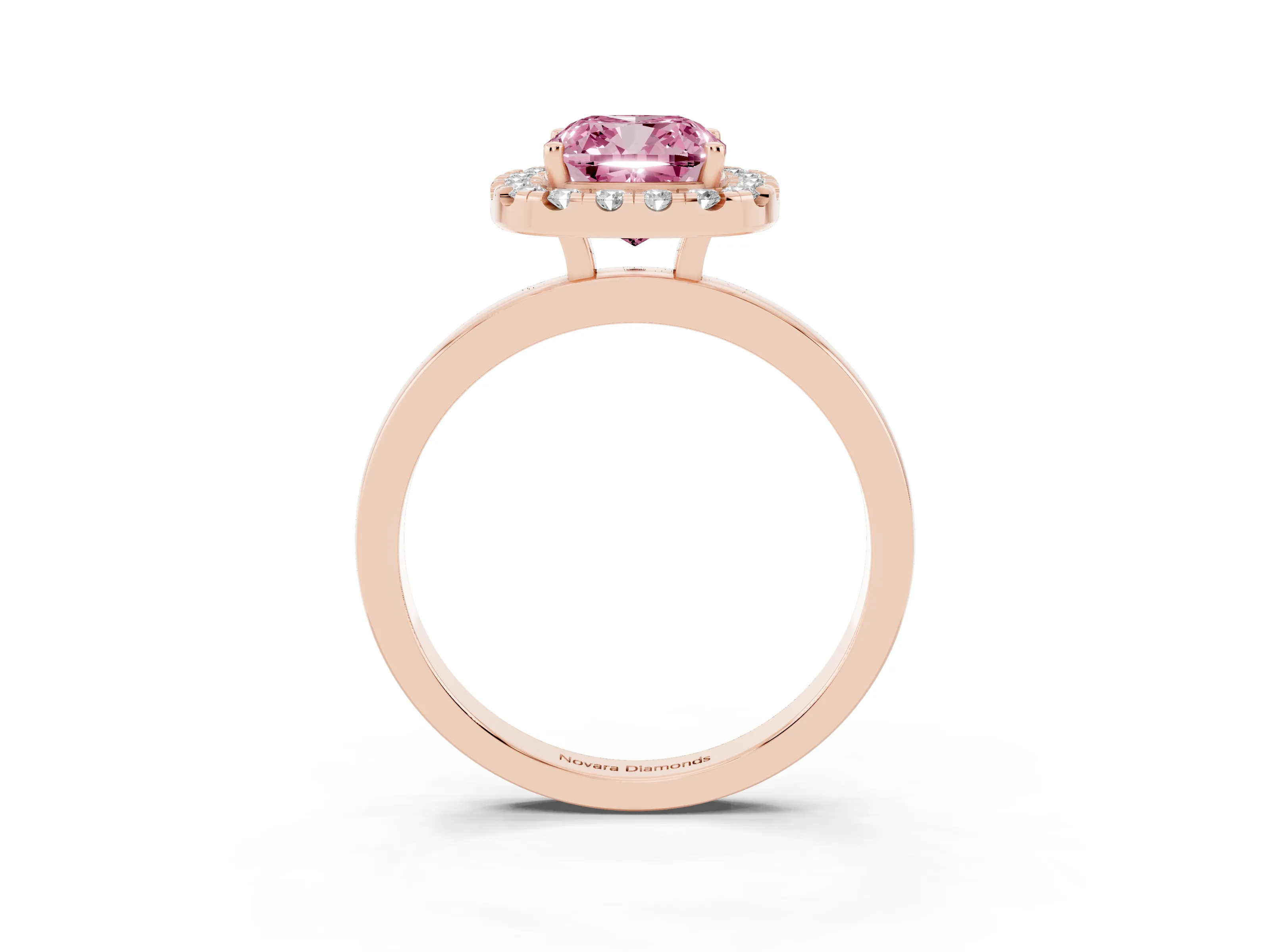 Fancy Pink Cushion Cut Diamond Halo Solitaire Ring Set in Rose gold with Pavé Band and Prong Setting