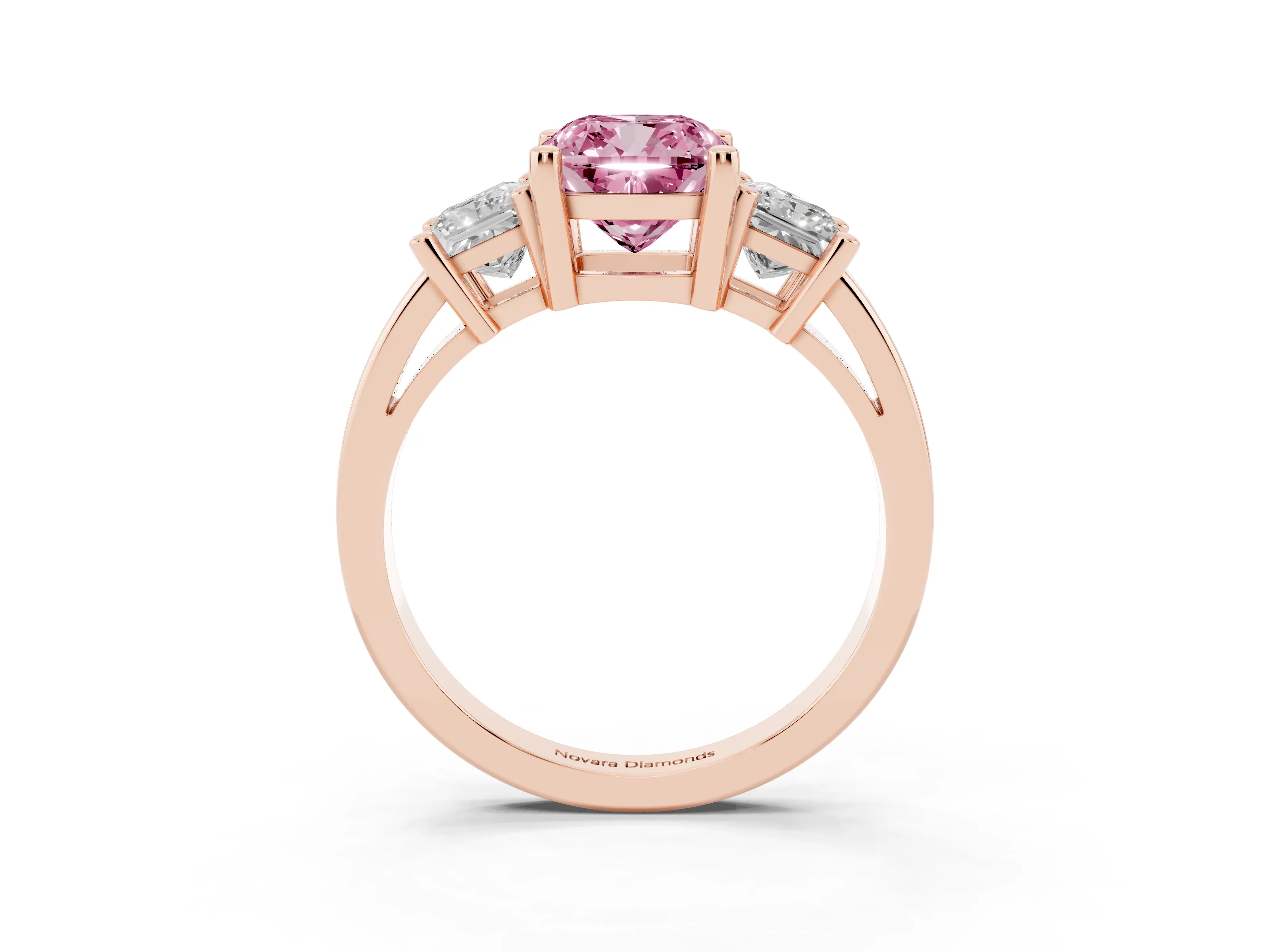 Fancy Pink Three-Stone Cushion Cut Diamond Solitaire Ring Set in Rose gold with Prong Setting