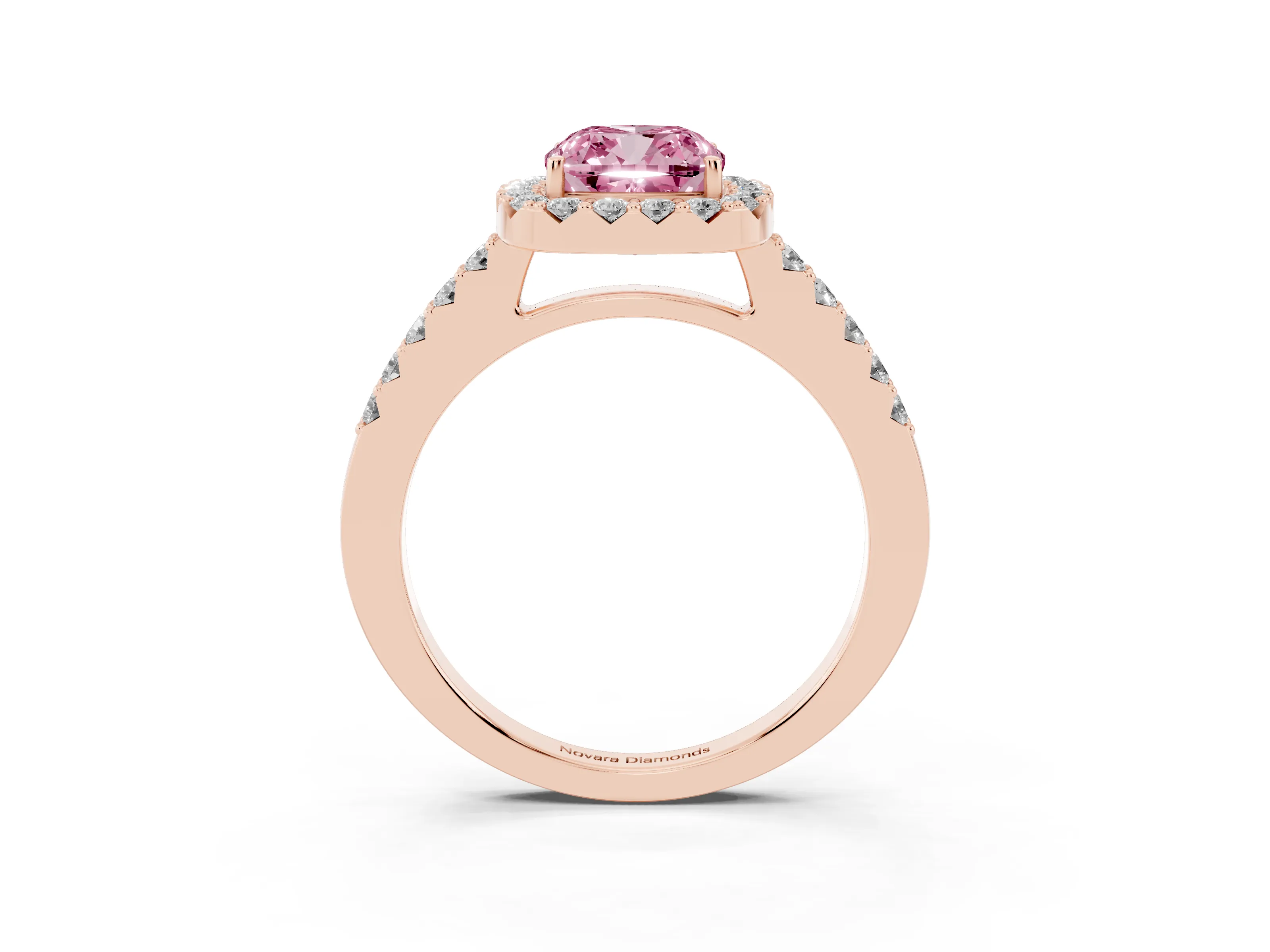 Fancy Pink Cushion Cut Diamond Halo Pavé Solitaire Ring Set in Rose gold with Prong-Set Center Stone