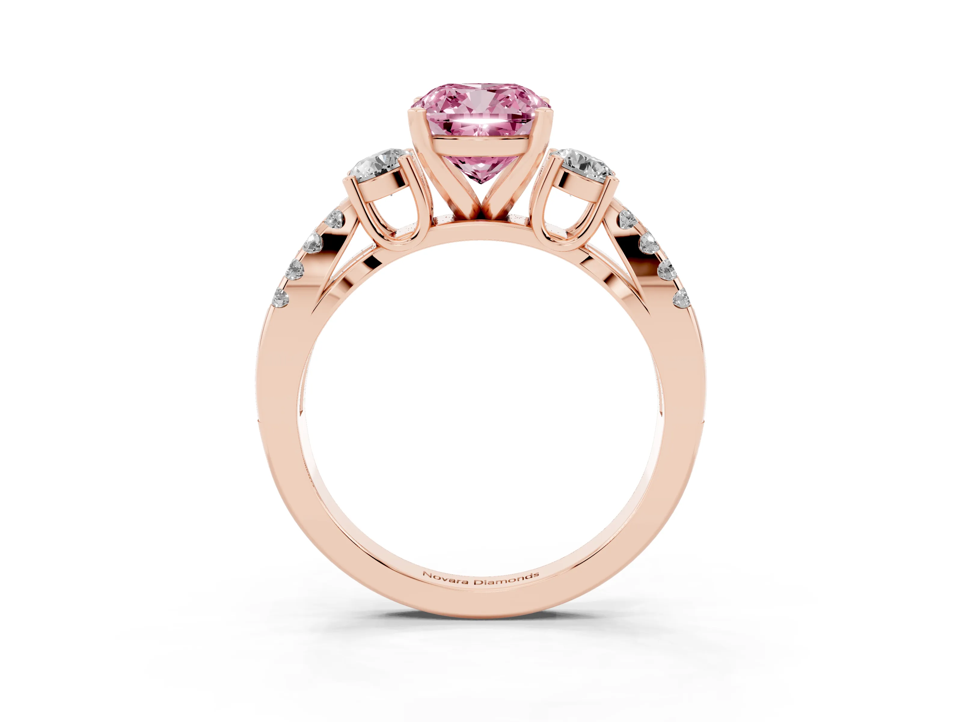 Fancy Pink Cushion Cut Diamond Three-Stone Ring Set in Rose gold with Pavé Split Shank and Prong Setting