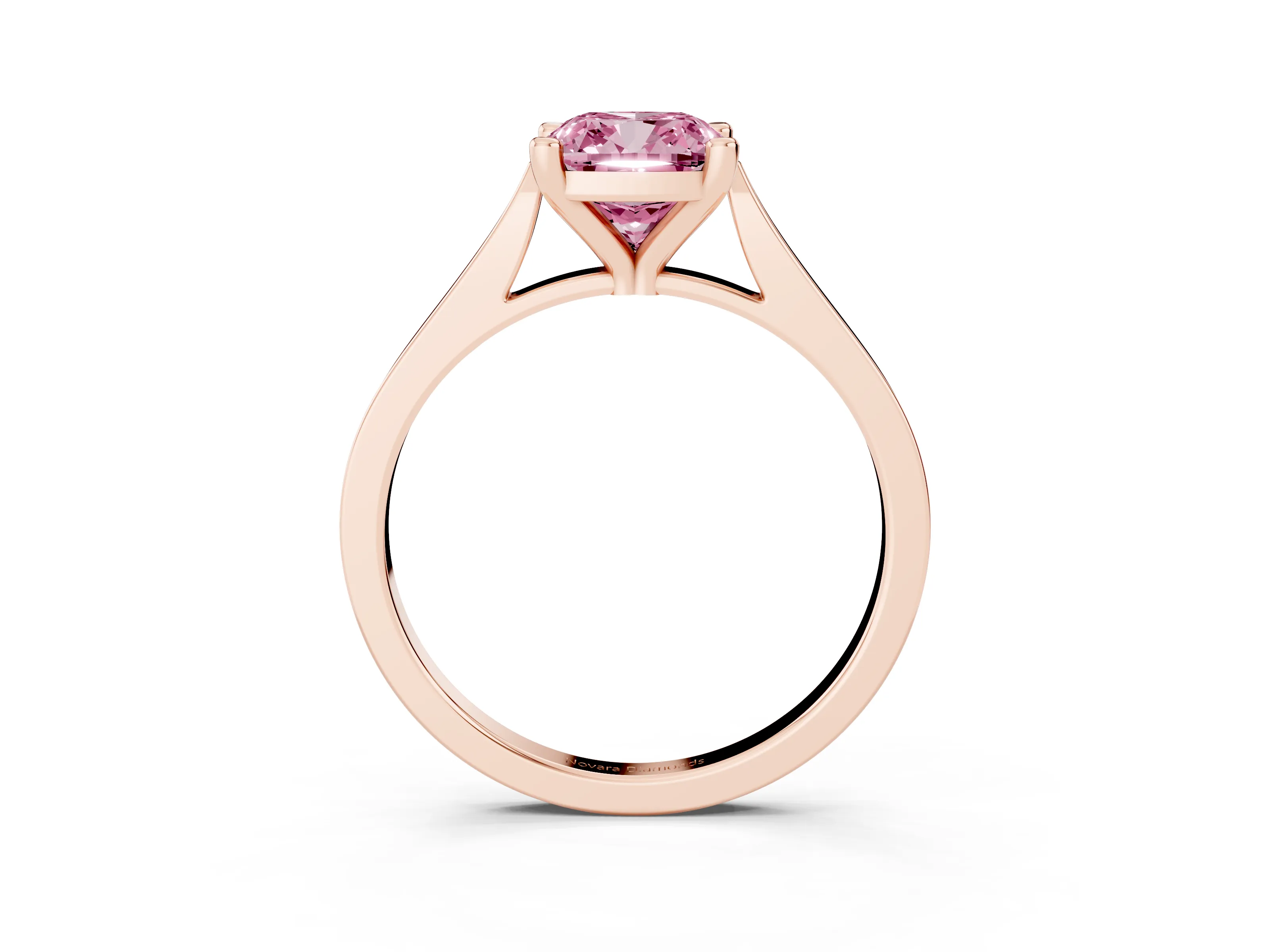 Fancy Pink Cushion Cut Diamond Solitaire Ring Set in Rose gold with Prong Setting and Tapered Band