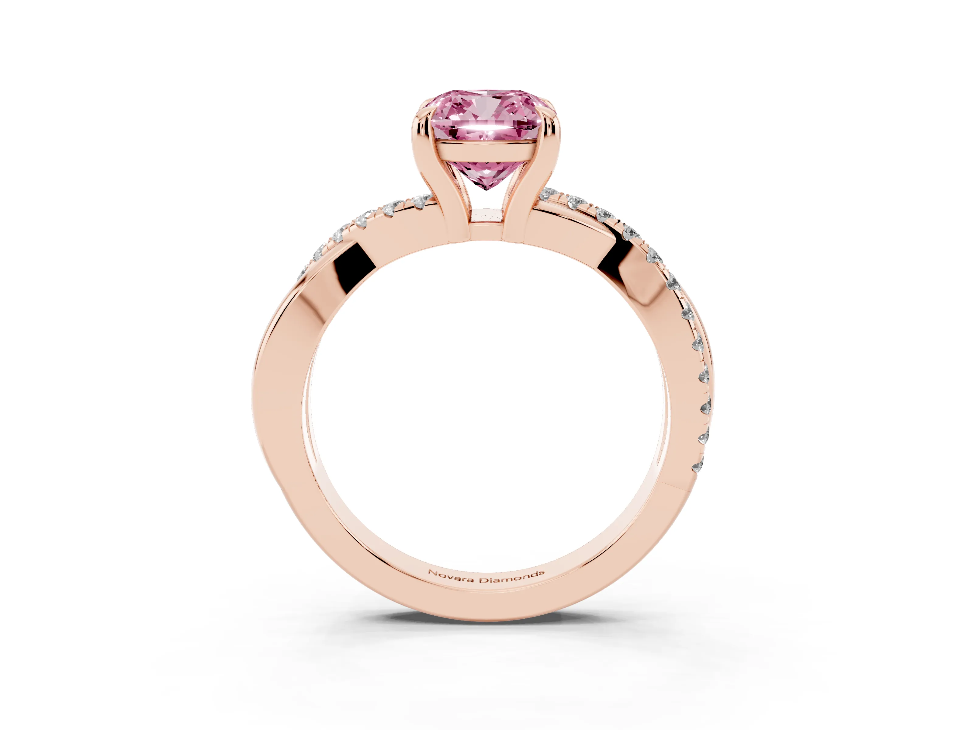 Fancy Pink Cushion Cut Diamond Twist Band Pavé Solitaire Ring Set in Rose gold with Prong Setting