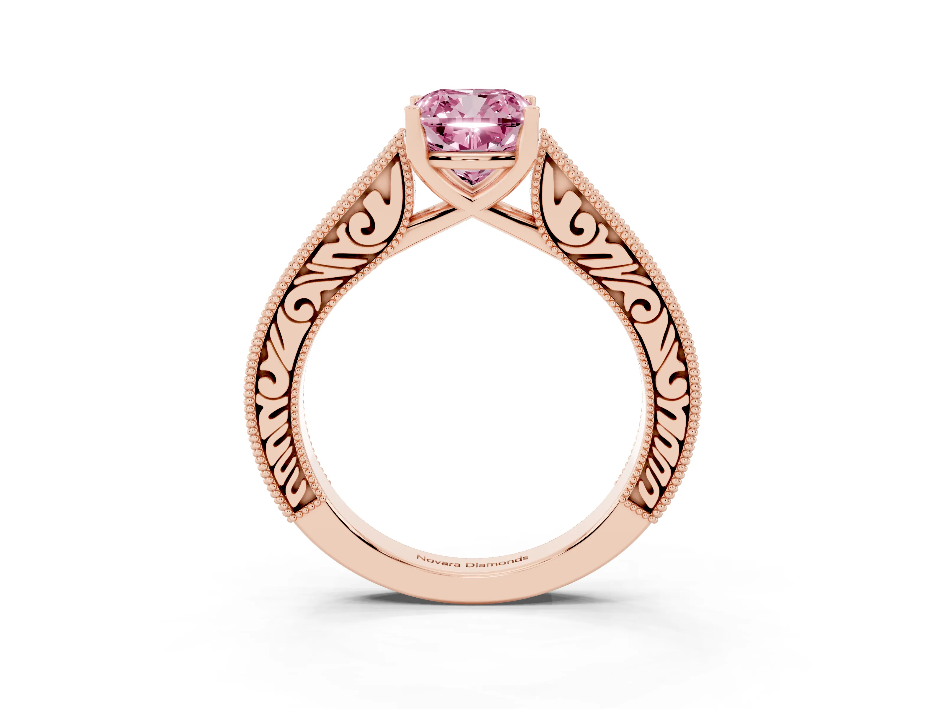 Fancy Pink Cushion Cut Diamond Milgrain Pavé Band Solitaire Ring Set in Rose gold with Prong Setting